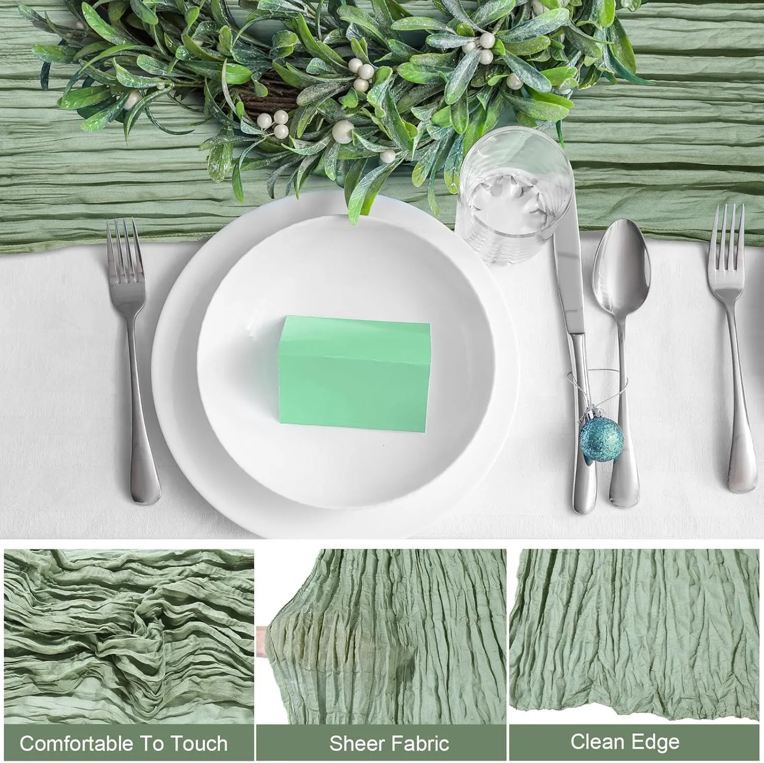 Foaincore 12 Pack Spring Easter Cheesecloth Table Runner 13Ft Boho Gauze Table Runner Rustic 157" Long Cheese Cloth Romantic for Wedding Bridal Baby Shower Arbor Decor(Dusty Green)