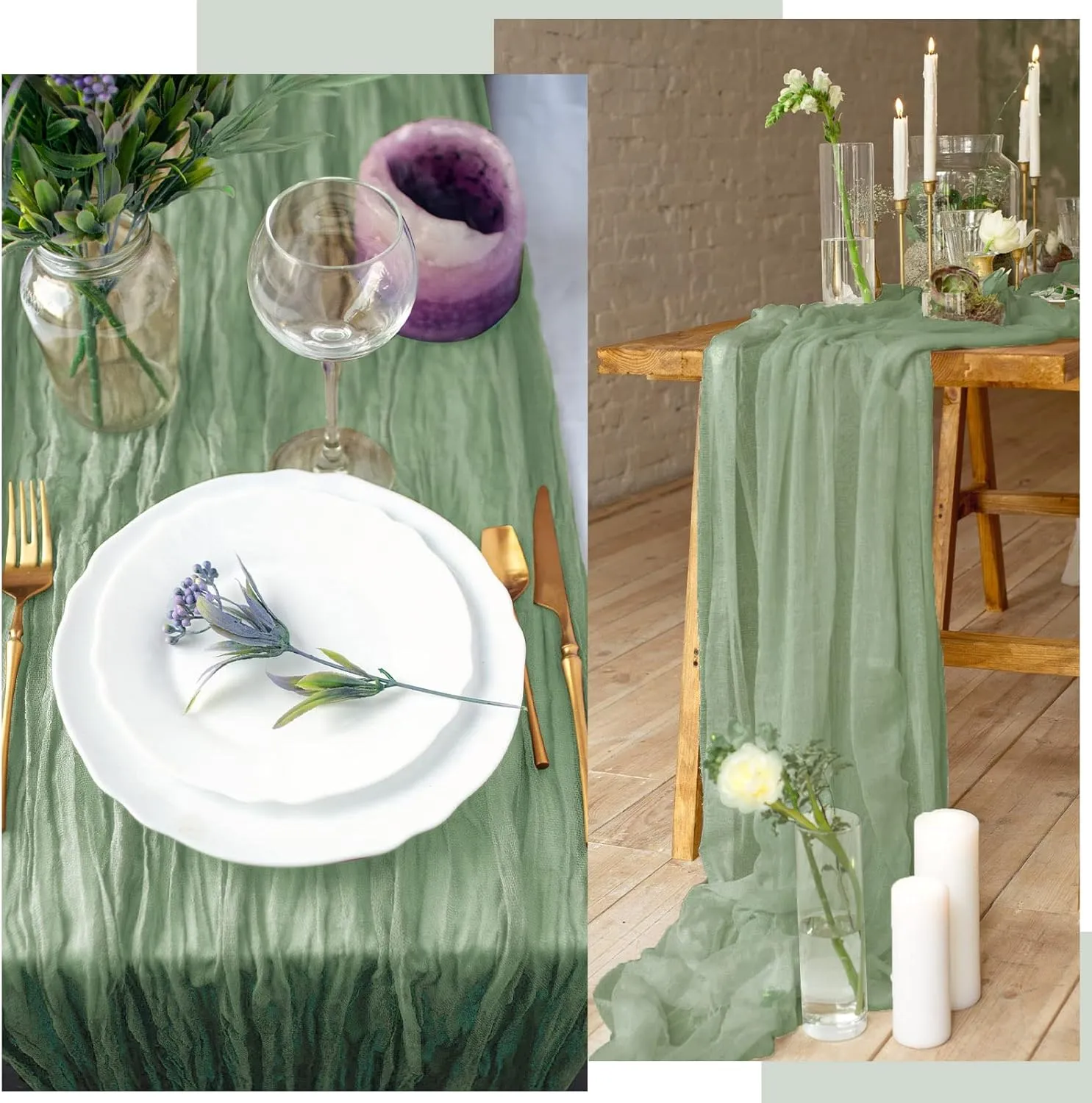 Foaincore 12 Pack Spring Easter Cheesecloth Table Runner 13Ft Boho Gauze Table Runner Rustic 157" Long Cheese Cloth Romantic for Wedding Bridal Baby Shower Arbor Decor(Dusty Green)