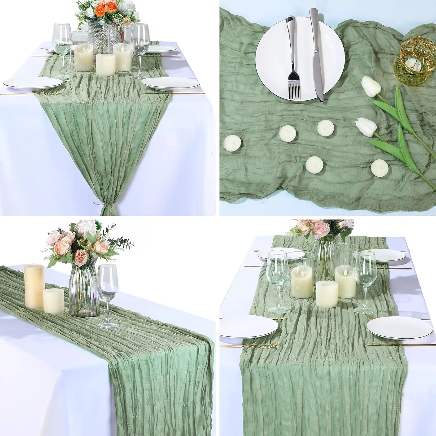 Foaincore 12 Pack Spring Easter Cheesecloth Table Runner 13Ft Boho Gauze Table Runner Rustic 157" Long Cheese Cloth Romantic for Wedding Bridal Baby Shower Arbor Decor(Dusty Green)