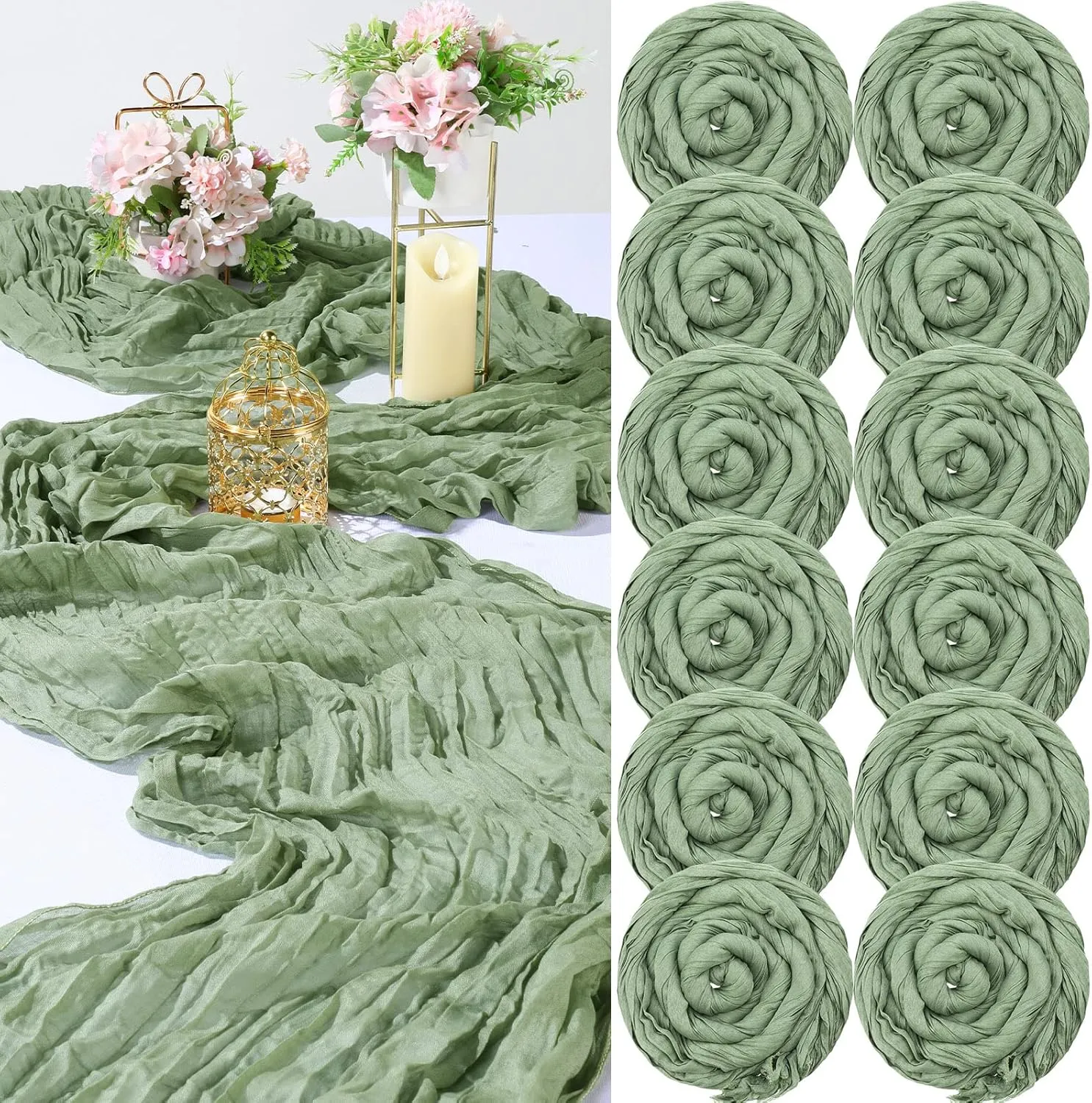 Foaincore 12 Pack Spring Easter Cheesecloth Table Runner 13Ft Boho Gauze Table Runner Rustic 157" Long Cheese Cloth Romantic for Wedding Bridal Baby Shower Arbor Decor(Dusty Green)