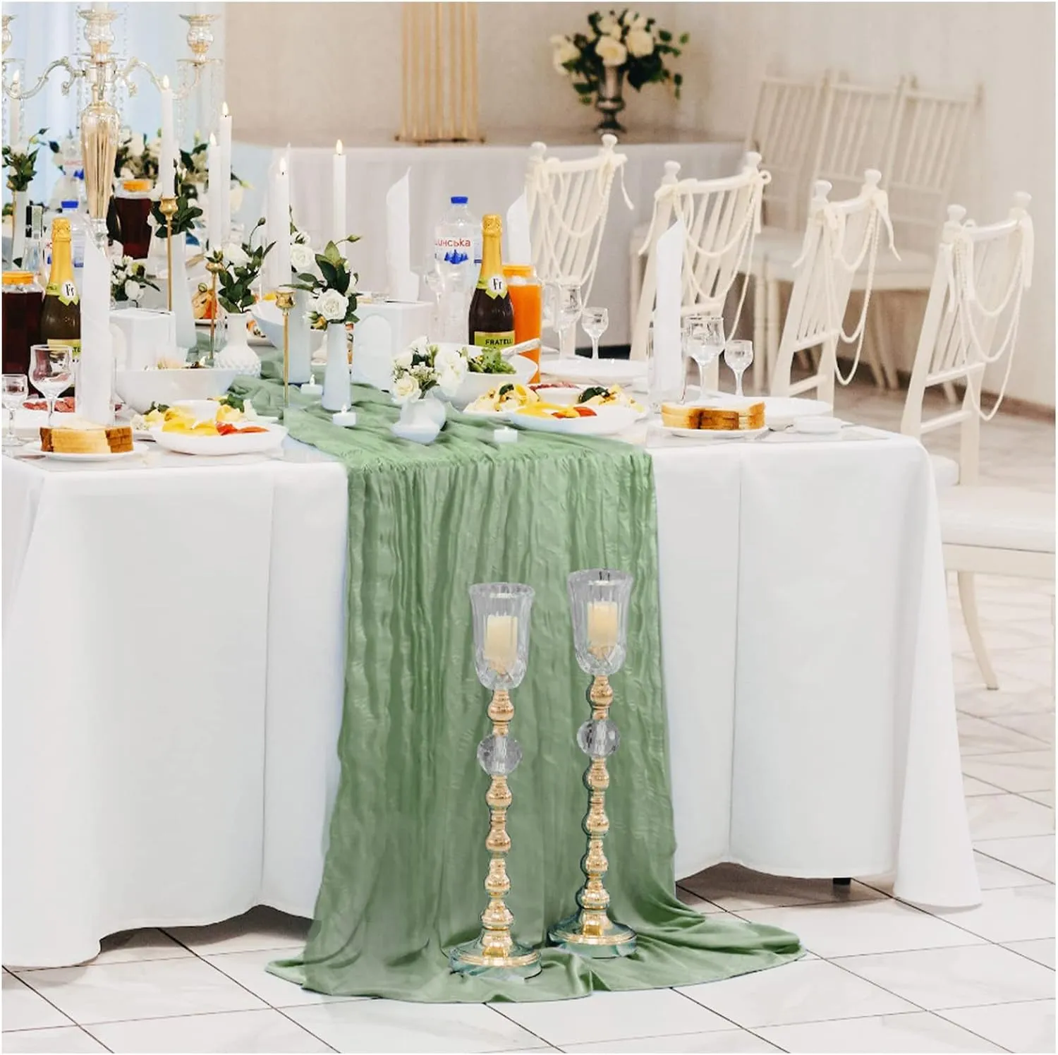 Foaincore 12 Pack Spring Easter Cheesecloth Table Runner 13Ft Boho Gauze Table Runner Rustic 157" Long Cheese Cloth Romantic for Wedding Bridal Baby Shower Arbor Decor(Dusty Green)