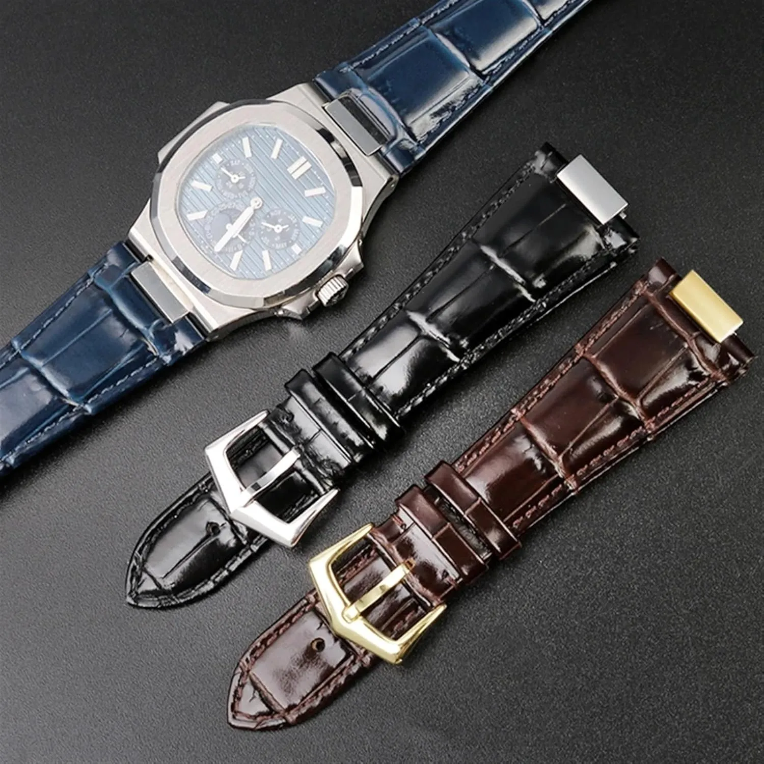 For Patek Philippe Nautilus 7118 5712 Genuine Leather Steel Connector 5711 5712G Watchband Notch 25x13mm Watch Bracelet Strap