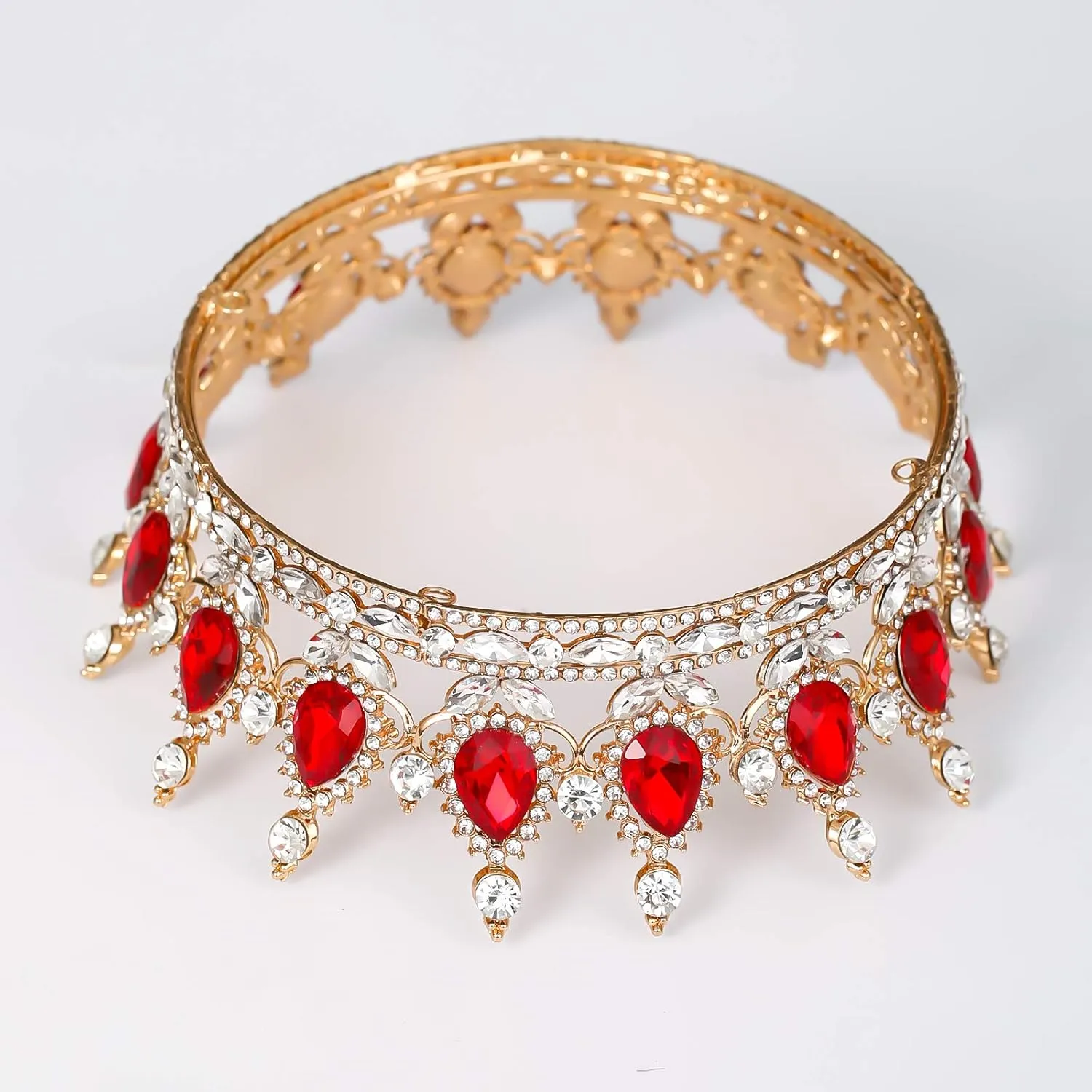 FORSEVEN Queen Crown Rhinestone Wedding Crowns and Tiaras for Women Costume Party Hair Accessories Princess Birthday Crown Crystal Bridal Crown (Gold Red)