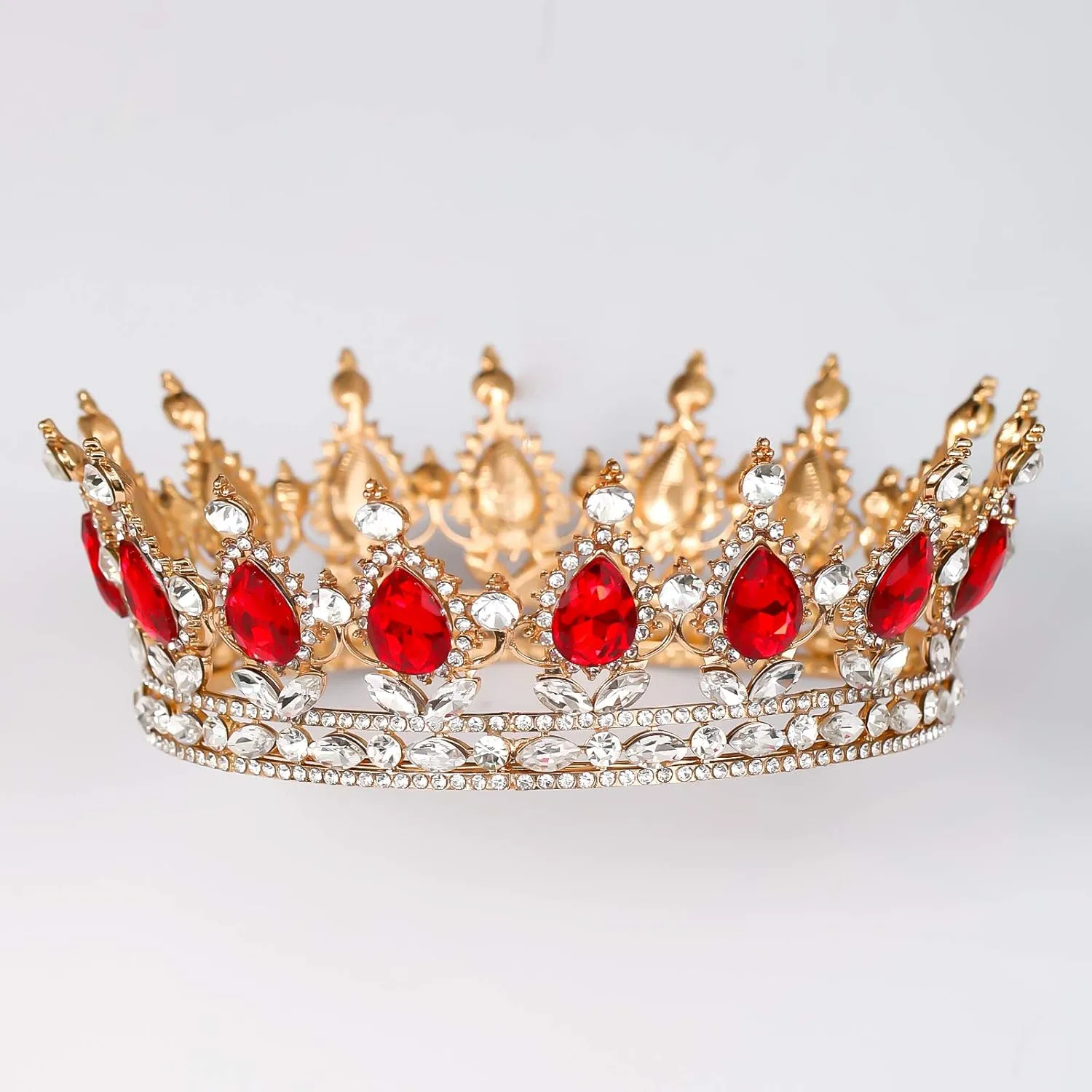 FORSEVEN Queen Crown Rhinestone Wedding Crowns and Tiaras for Women Costume Party Hair Accessories Princess Birthday Crown Crystal Bridal Crown (Gold Red)
