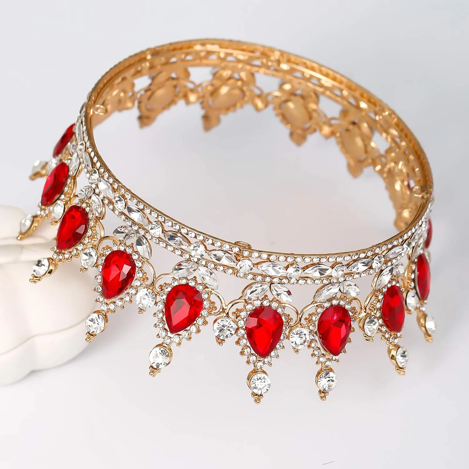 FORSEVEN Queen Crown Rhinestone Wedding Crowns and Tiaras for Women Costume Party Hair Accessories Princess Birthday Crown Crystal Bridal Crown (Gold Red)