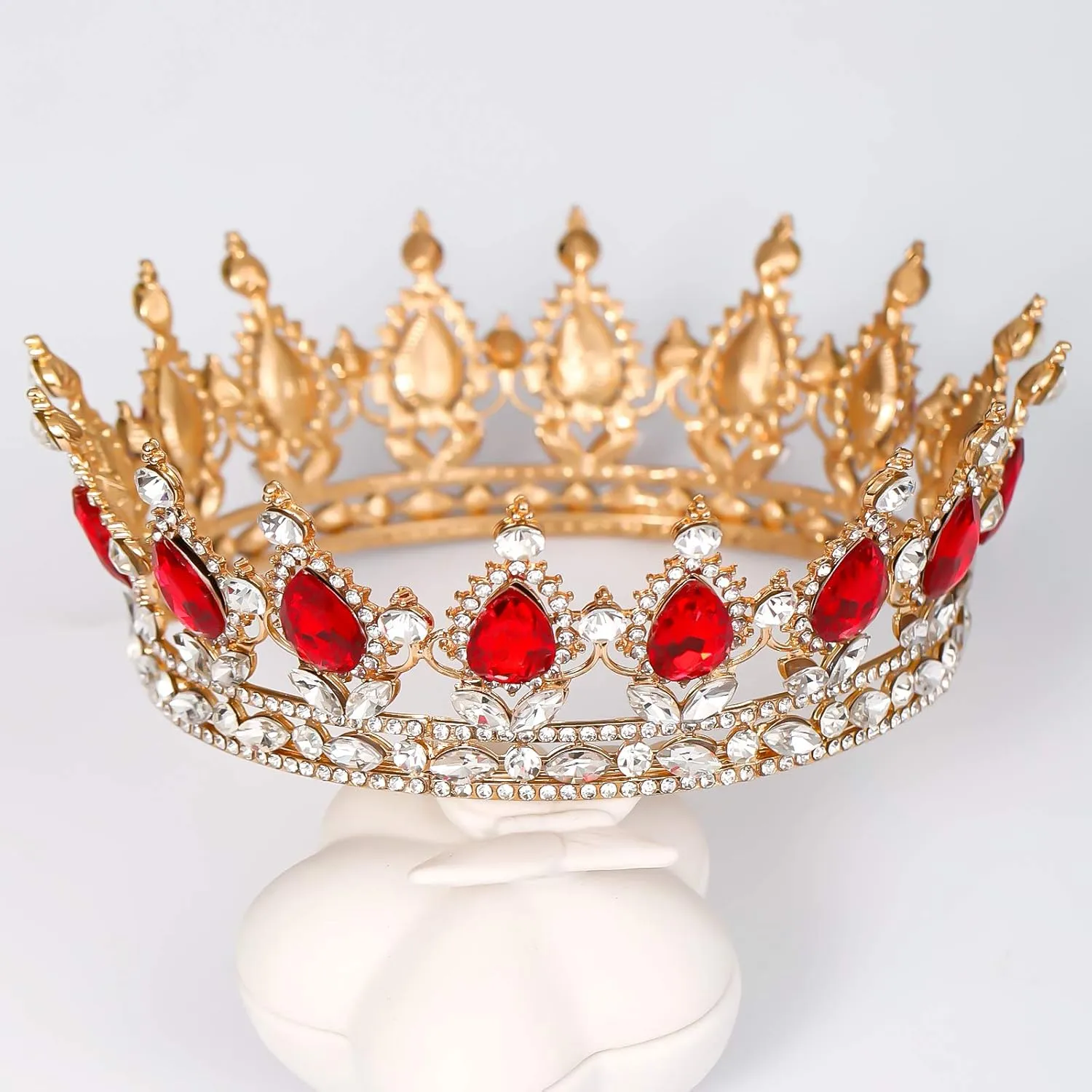 FORSEVEN Queen Crown Rhinestone Wedding Crowns and Tiaras for Women Costume Party Hair Accessories Princess Birthday Crown Crystal Bridal Crown (Gold Red)