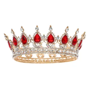 FORSEVEN Queen Crown Rhinestone Wedding Crowns and Tiaras for Women Costume Party Hair Accessories Princess Birthday Crown Crystal Bridal Crown (Gold Red)