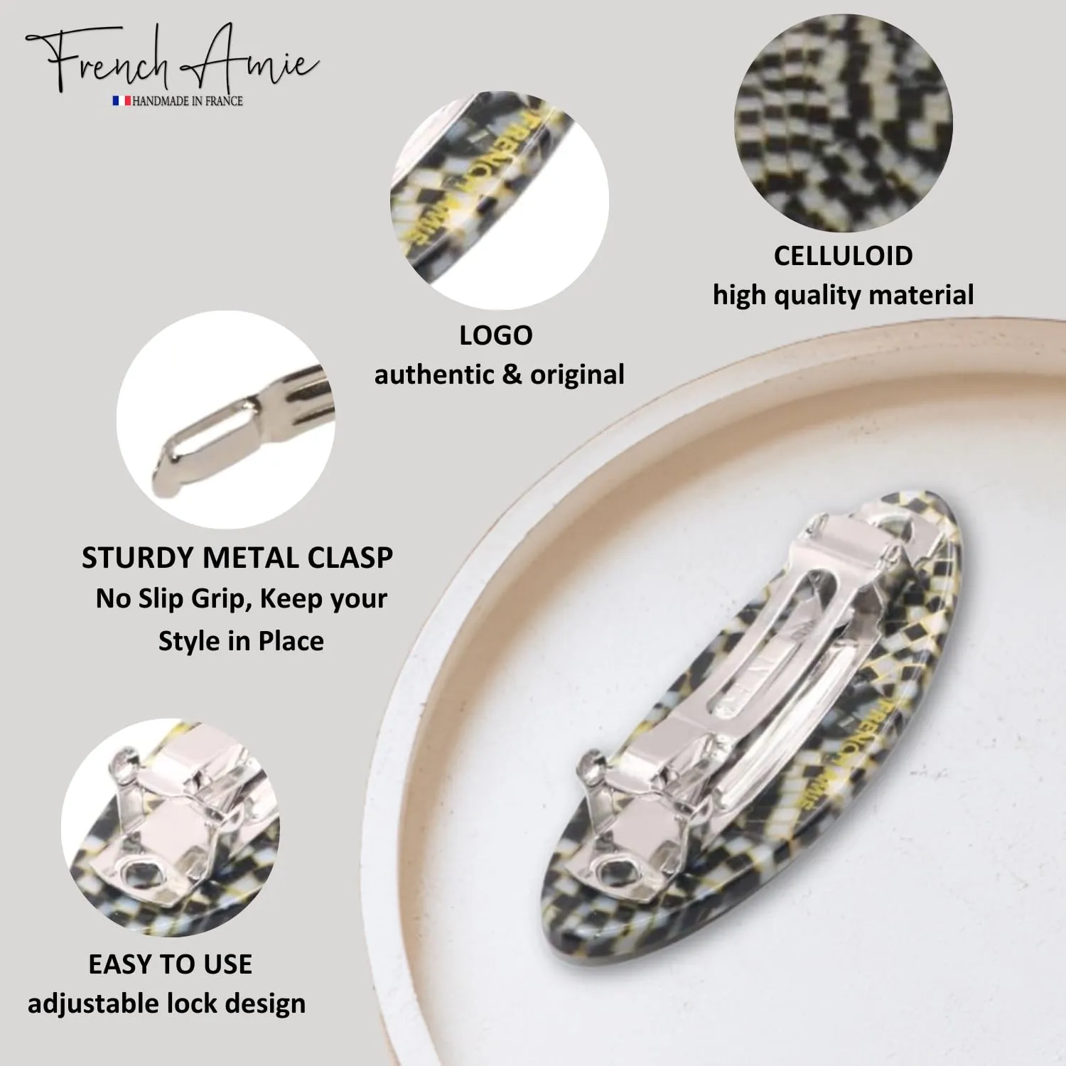 French Amie Oval Mini Opera White Tokyo Amber Brown Set of 3 Handmade Celluloid Hair Clip Barrette for Girls (2.5 inch)