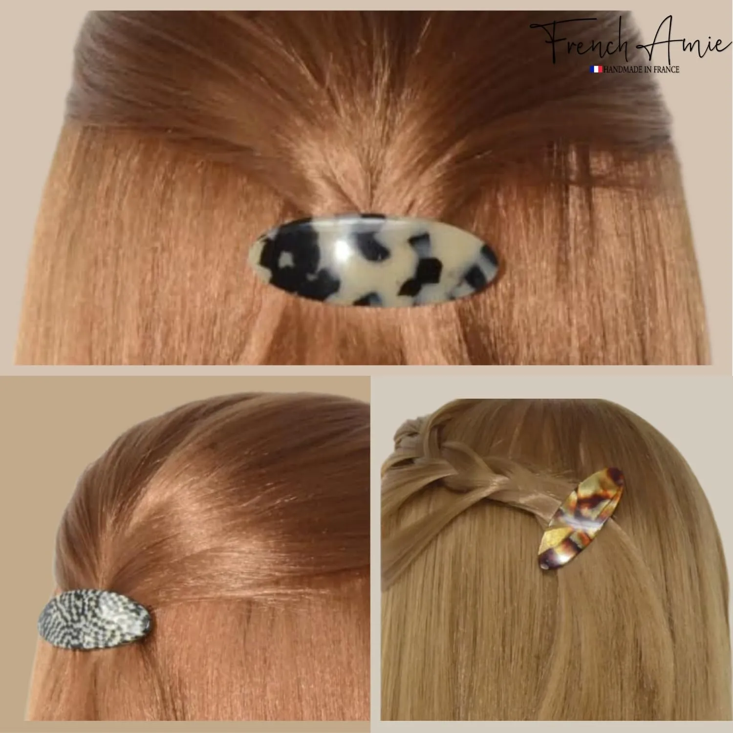 French Amie Oval Mini Opera White Tokyo Amber Brown Set of 3 Handmade Celluloid Hair Clip Barrette for Girls (2.5 inch)