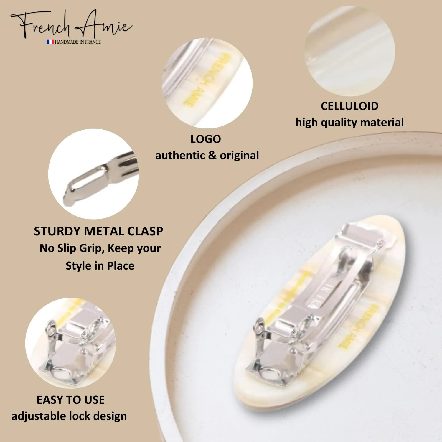 French Amie Oval Mini Silver Grey Onyx Tokyo Ivory Set of 3 Handmade Celluloid Hair Clip Barrette for Girls (2.5 inch)