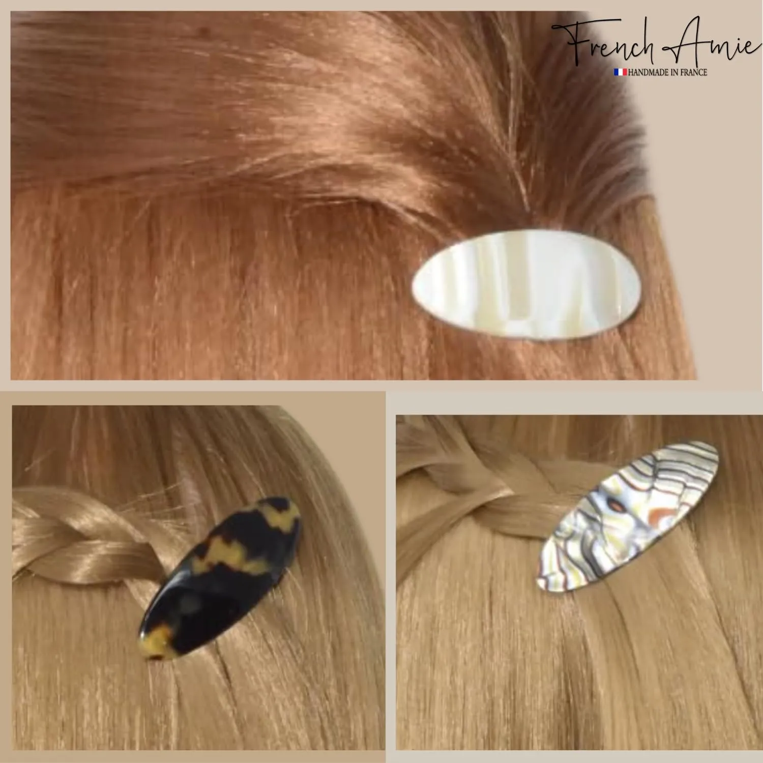 French Amie Oval Mini Silver Grey Onyx Tokyo Ivory Set of 3 Handmade Celluloid Hair Clip Barrette for Girls (2.5 inch)