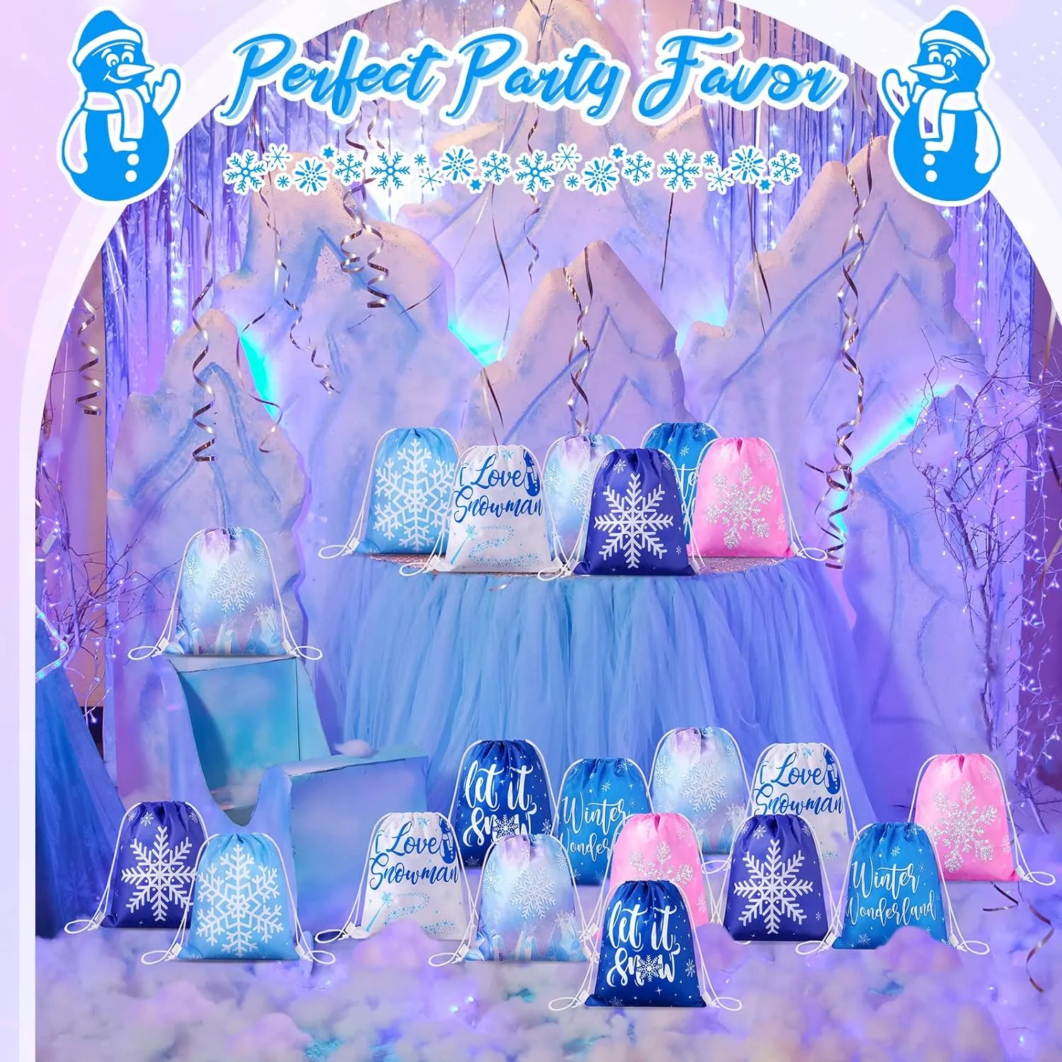 Frozen Party Favors Bags for Winter Snowflake Kids Birthday Favor Drawstring Goodies Bags Winter Wonderland Gift Candy Bag for Boys Girls Winter Themed Baby Shower Party Supplies (14 Pack)