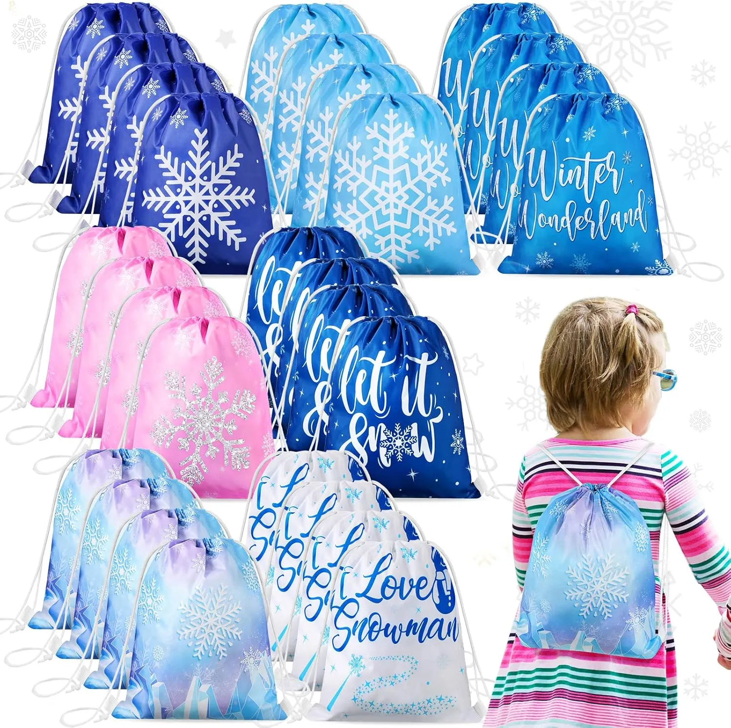 Frozen Party Favors Bags for Winter Snowflake Kids Birthday Favor Drawstring Goodies Bags Winter Wonderland Gift Candy Bag for Boys Girls Winter Themed Baby Shower Party Supplies (14 Pack)