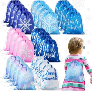 Frozen Party Favors Bags for Winter Snowflake Kids Birthday Favor Drawstring Goodies Bags Winter Wonderland Gift Candy Bag for Boys Girls Winter Themed Baby Shower Party Supplies (14 Pack)