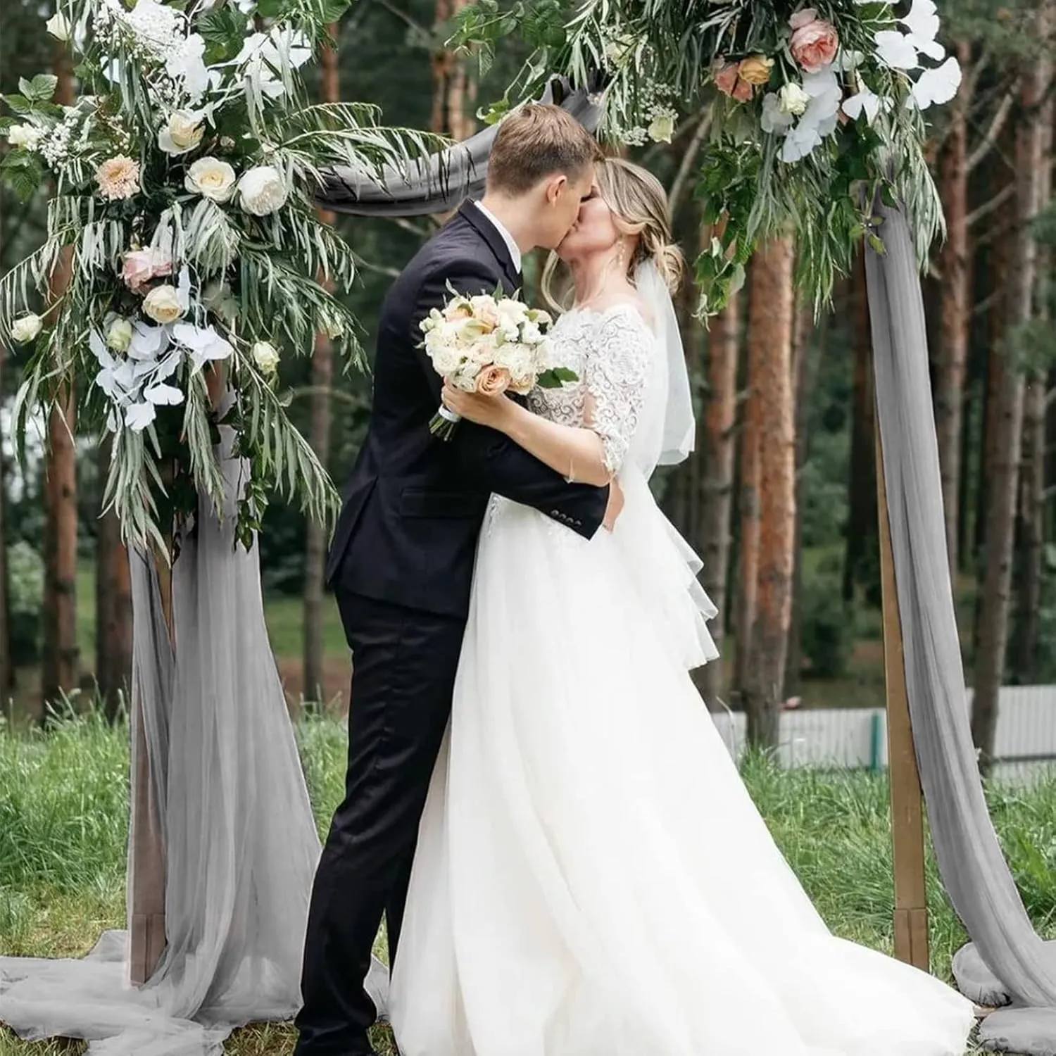 FUHSY Wedding Arch Drapes Fabric 2 Panels 6 Yards Grey Wedding Arch Drapes Chiffon Backdrop Curtains for Parties Gray Wedding Decorations Sheer Draping Fabric Ceiling Backdrop for Reception Ceremony