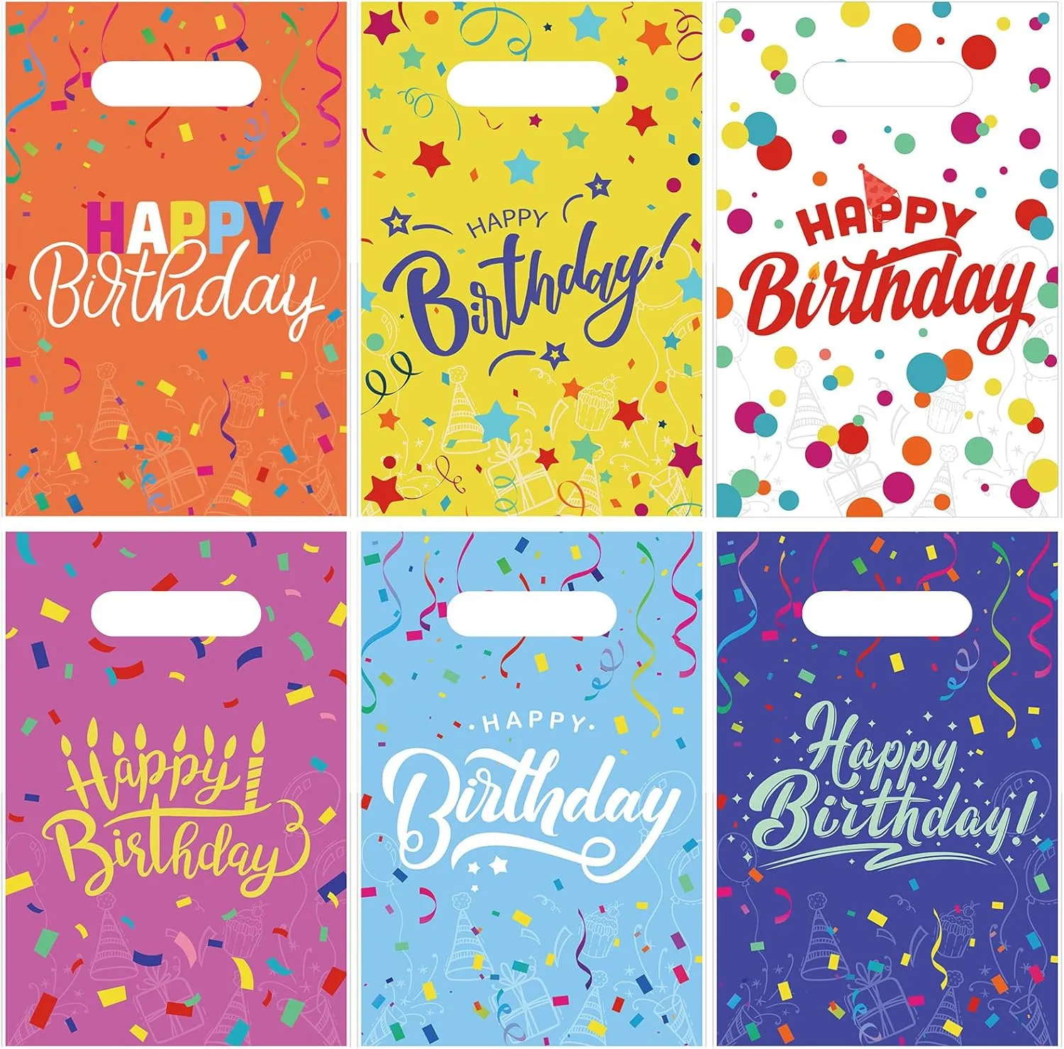Fulmoon 180 Pcs Happy Birthday Party Favor Bags Plastic Goodie Bags Birthday Gift Bags with Handles Sprinkle Birthday Treat Bags 6.5x9.8'' Birthday Candy Bags Baby Shower Supplies
