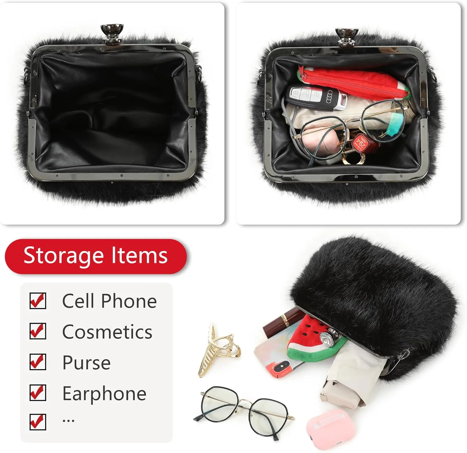Fur Story Tote Bag Faux Fur Purses for Women Plush Handbag Fuzzy Shoulder Bag Big Capacity Black Purse for women’s Girls