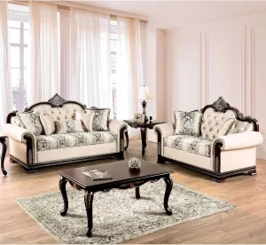 Furniture of America Boyd Traditional Upholstered Sofa with Rolled Armrests and Button Tufted Back, Wooden Loveseat and Comfortable Couch for Living Room, Office, Beige, 2-Piece Set