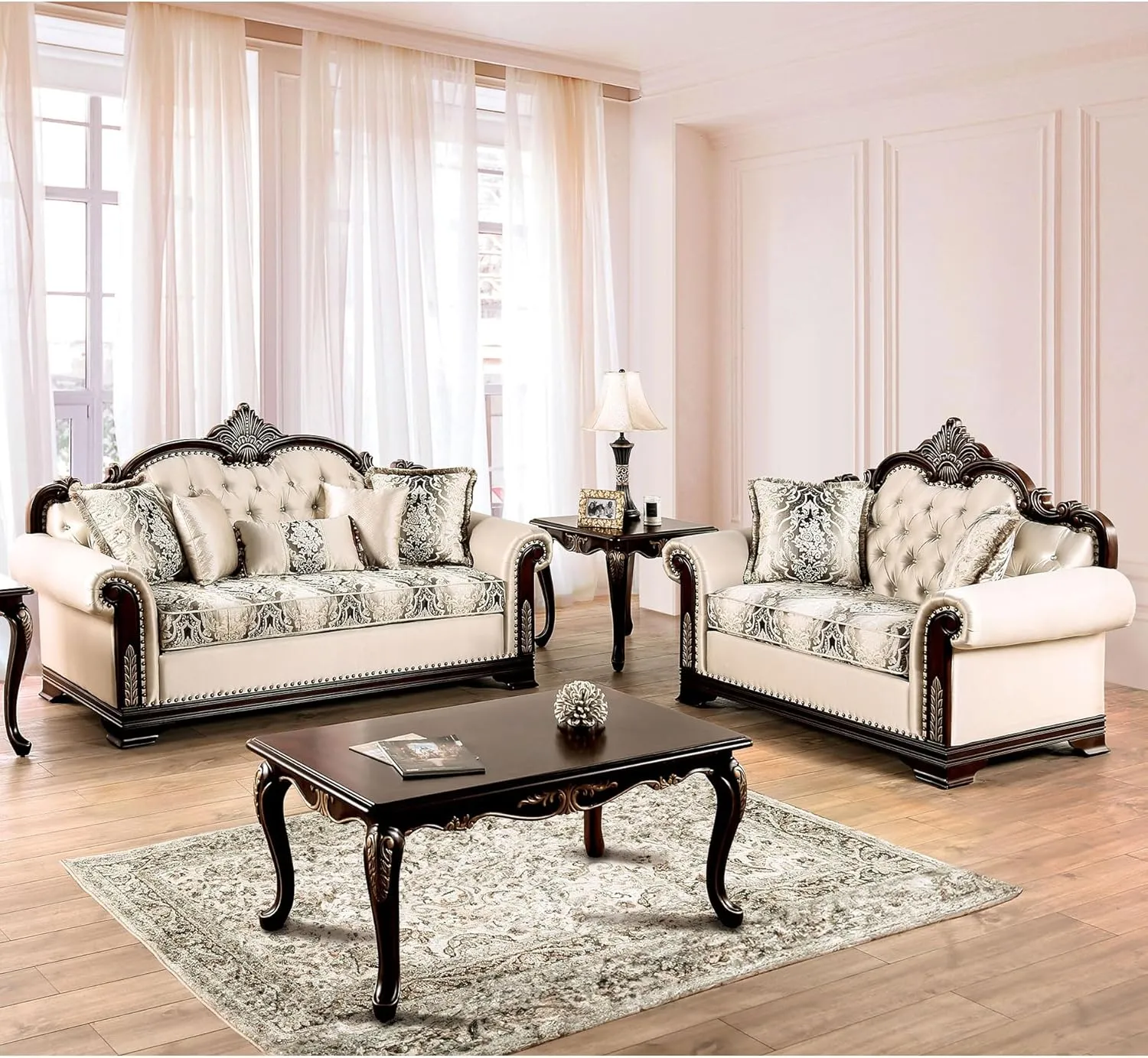 Furniture of America Boyd Traditional Upholstered Sofa with Rolled Armrests and Button Tufted Back, Wooden Loveseat and Comfortable Couch for Living Room, Office, Beige, 2-Piece Set