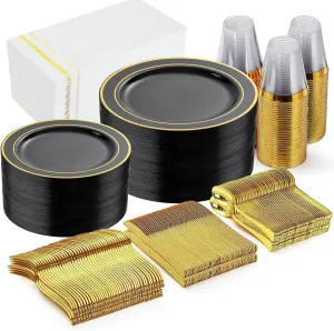 GATHER 350PCS Black Plastic Plates-Disposable Dinnerware Set Include 100PCS Black and Gold Plastic Plates, 150 Silverware, 50 Napkins, 50 Cups Perfect for Party & Wedding