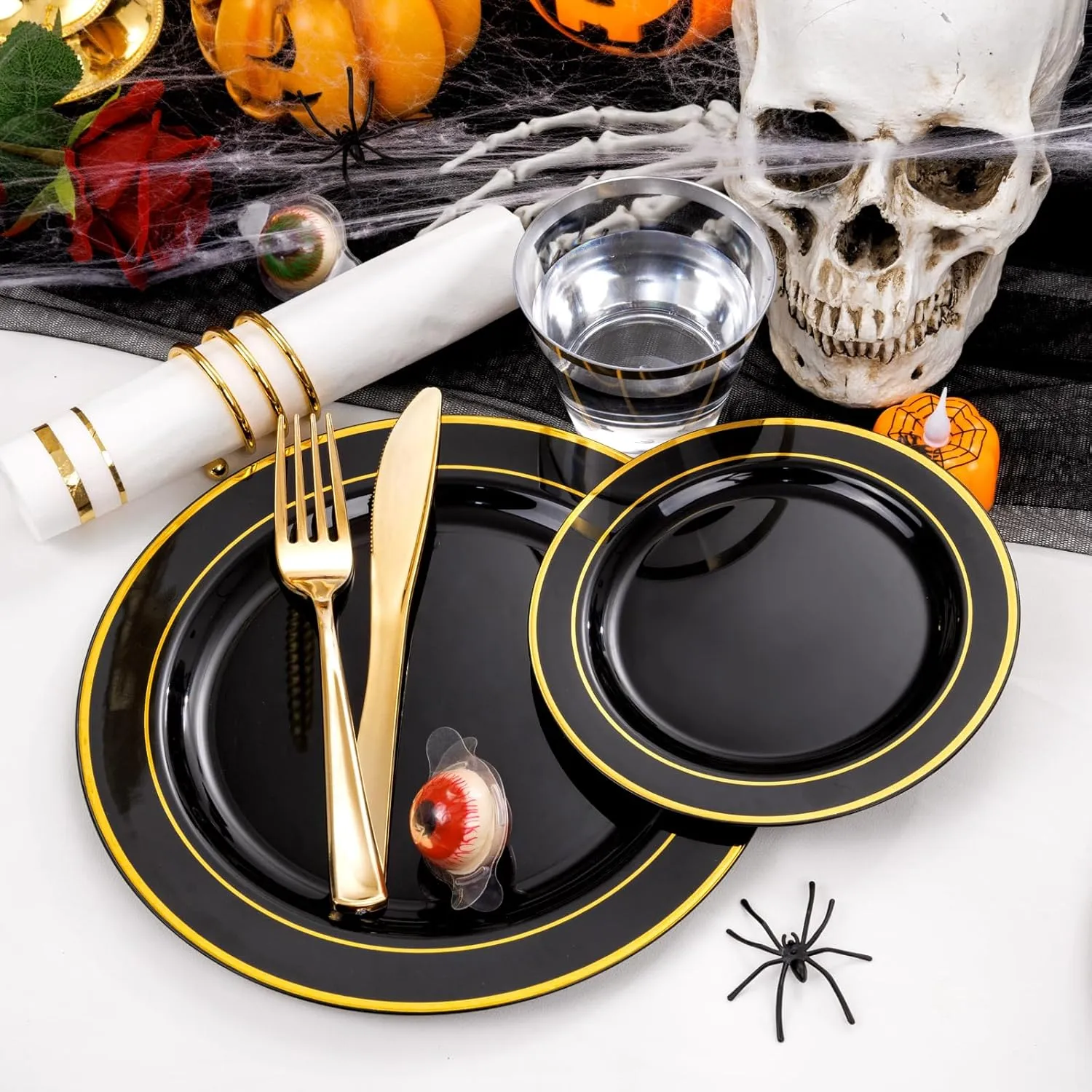 GATHER 350PCS Black Plastic Plates-Disposable Dinnerware Set Include 100PCS Black and Gold Plastic Plates, 150 Silverware, 50 Napkins, 50 Cups Perfect for Party & Wedding