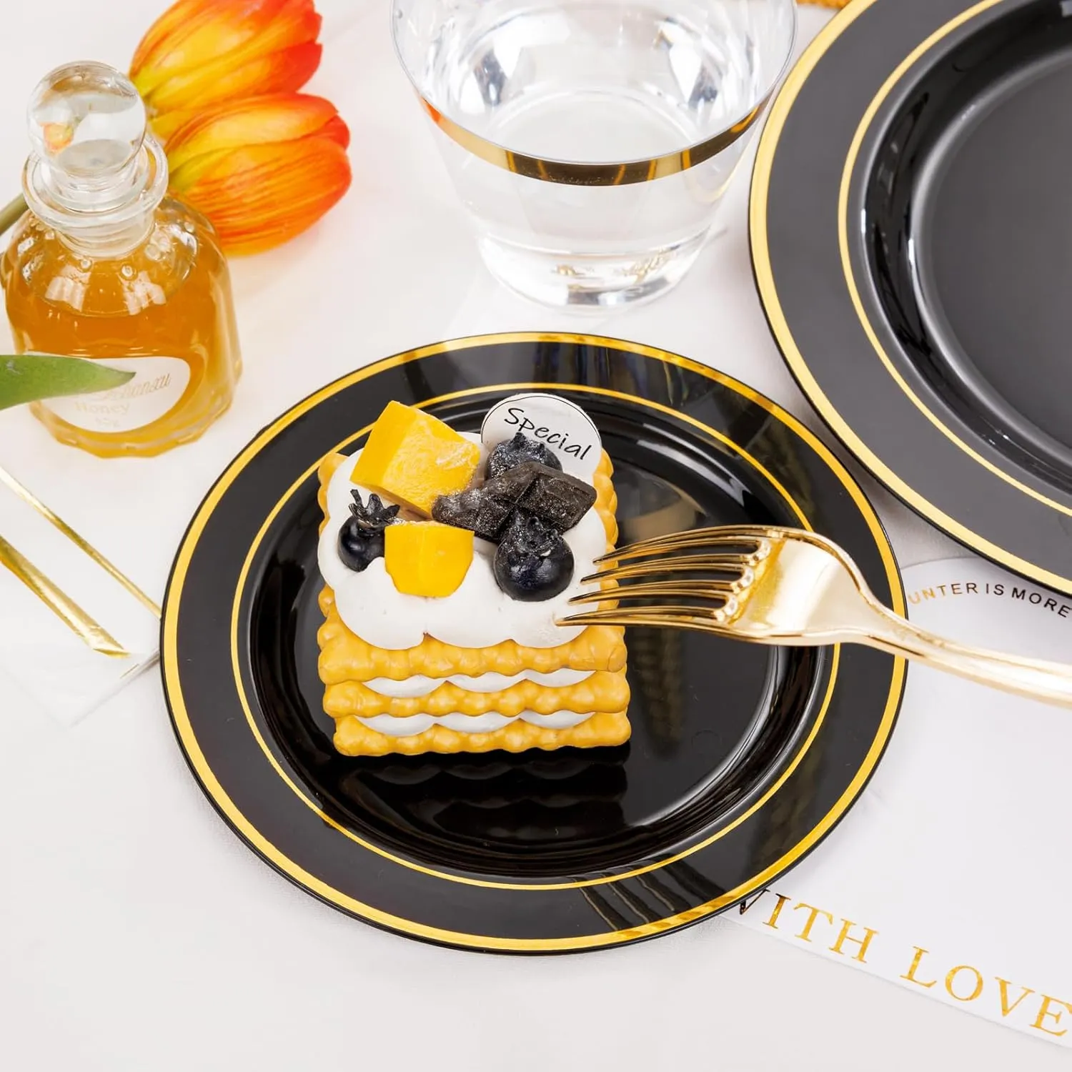 GATHER 350PCS Black Plastic Plates-Disposable Dinnerware Set Include 100PCS Black and Gold Plastic Plates, 150 Silverware, 50 Napkins, 50 Cups Perfect for Party & Wedding