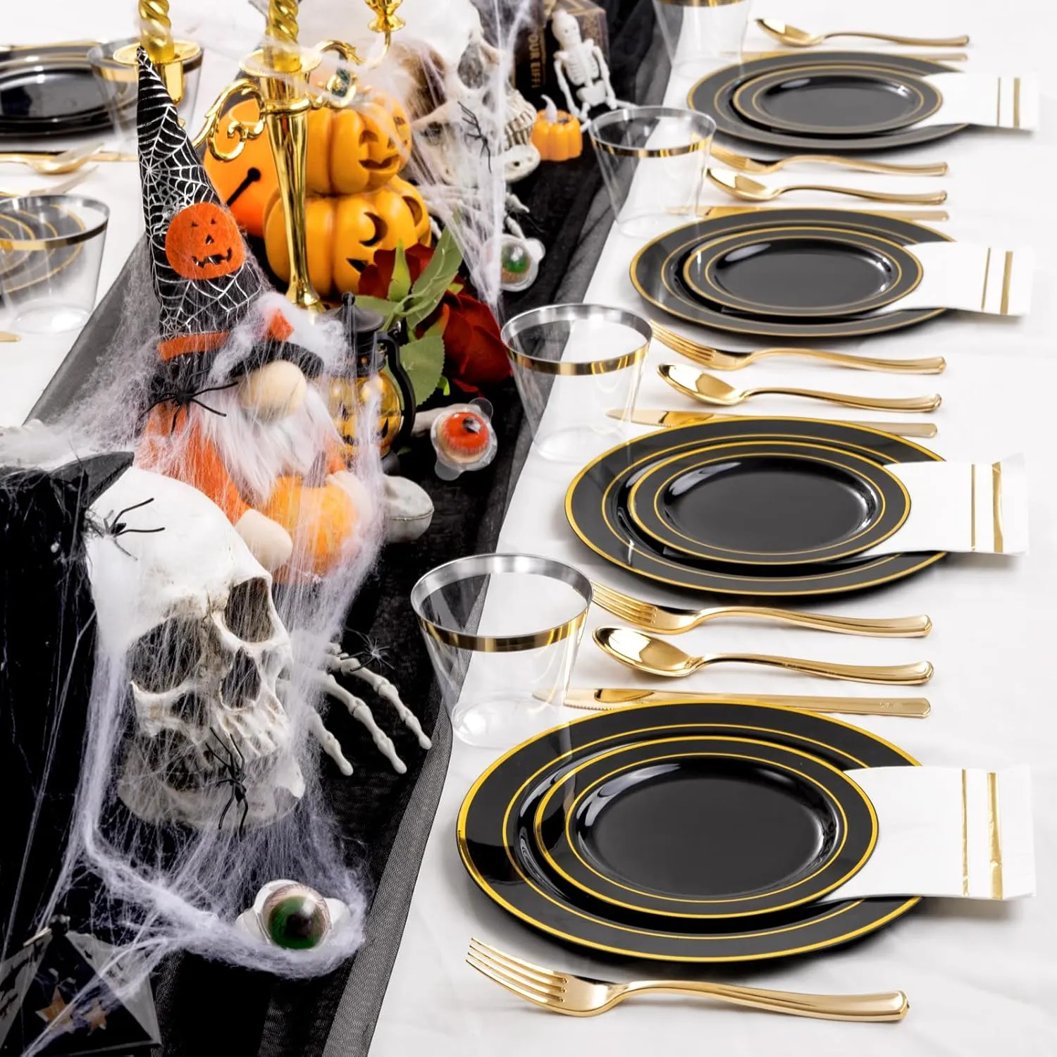GATHER 350PCS Black Plastic Plates-Disposable Dinnerware Set Include 100PCS Black and Gold Plastic Plates, 150 Silverware, 50 Napkins, 50 Cups Perfect for Party & Wedding
