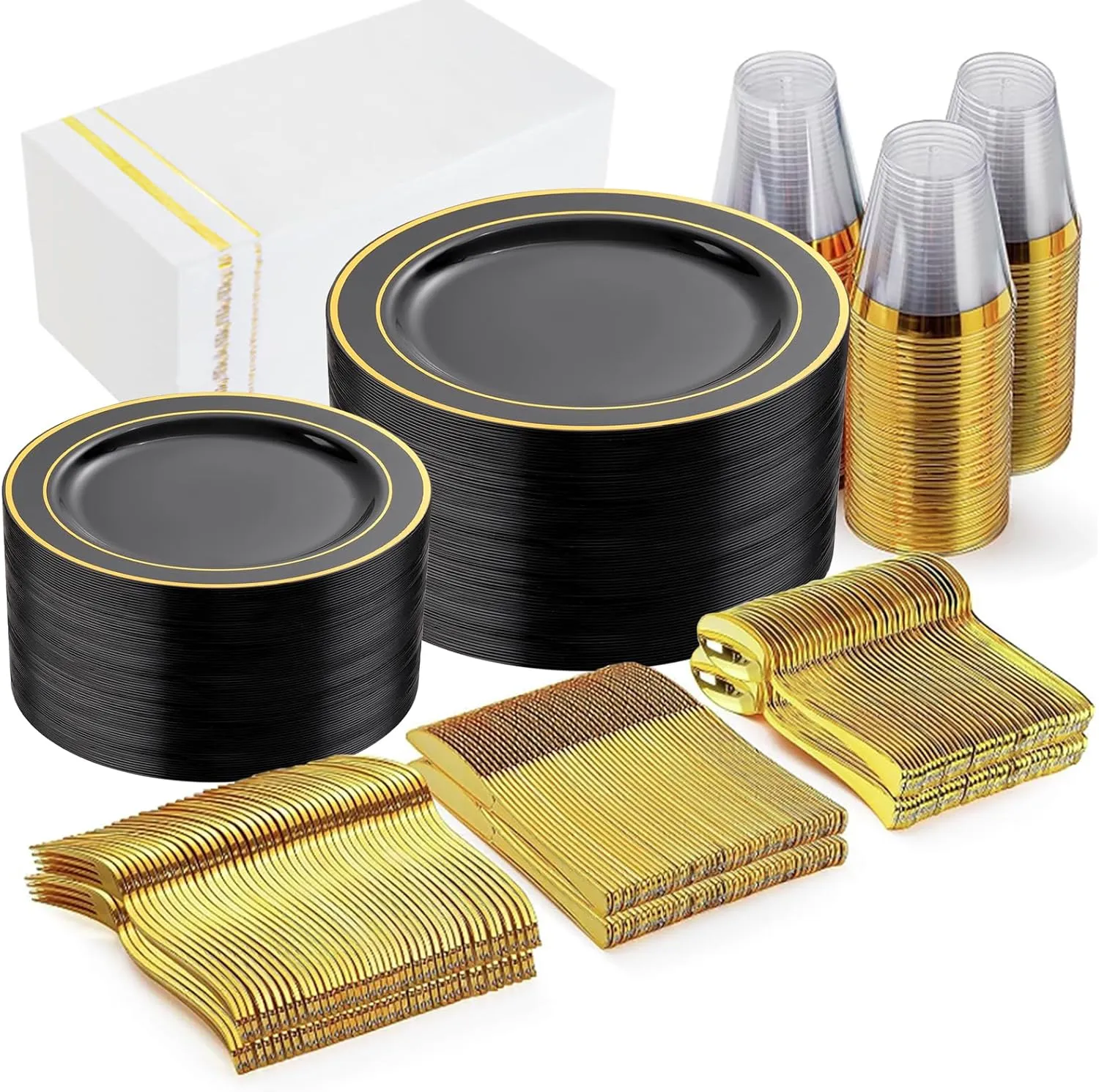 GATHER 350PCS Black Plastic Plates-Disposable Plastic Dinnerware Set Include 100PCS Black and Gold Plastic Plates, 150 Silverware, 50 Napkins, 50 Cups Perfect for Party & Wedding