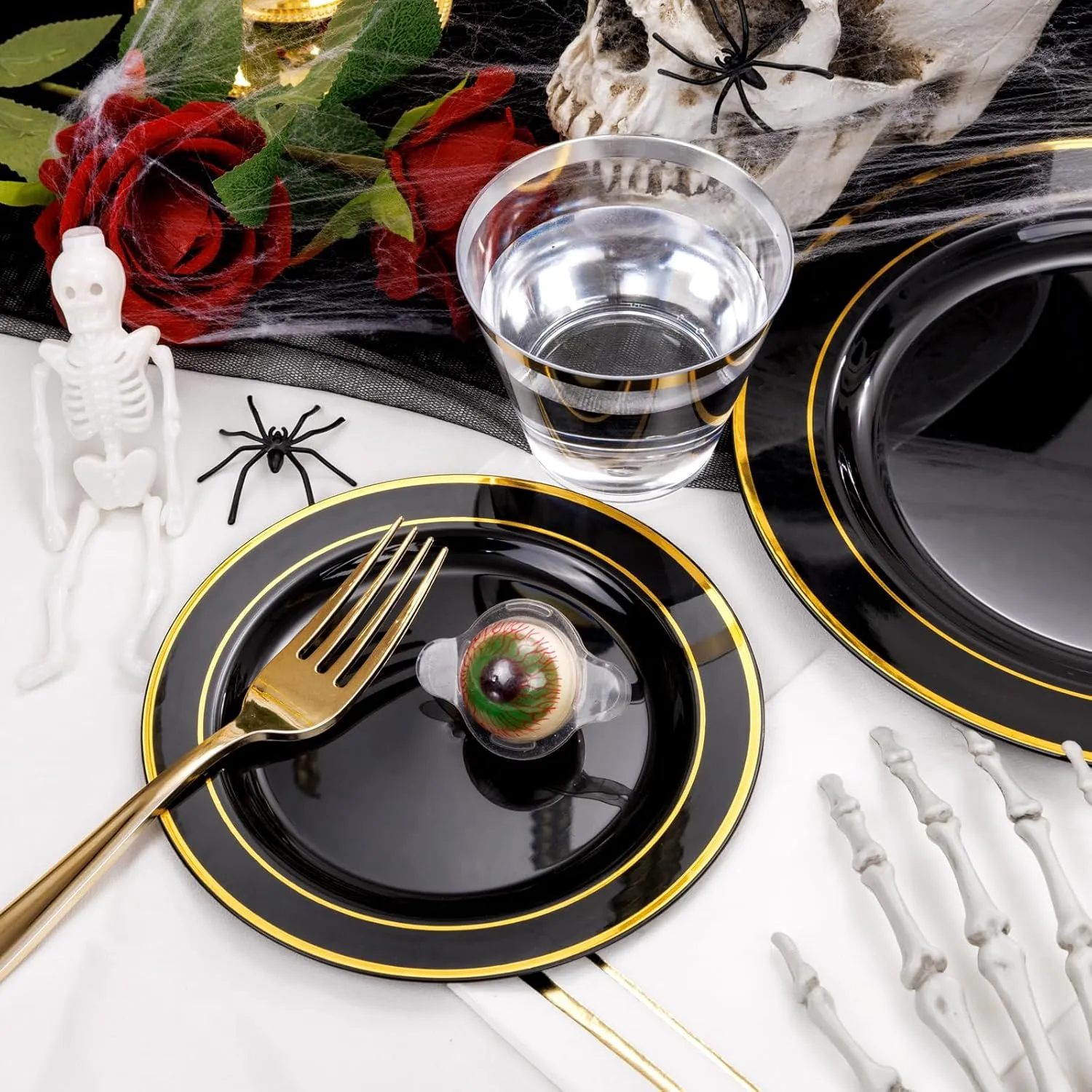 GATHER 350PCS Black Plastic Plates-Disposable Plastic Dinnerware Set Include 100PCS Black and Gold Plastic Plates, 150 Silverware, 50 Napkins, 50 Cups Perfect for Party & Wedding