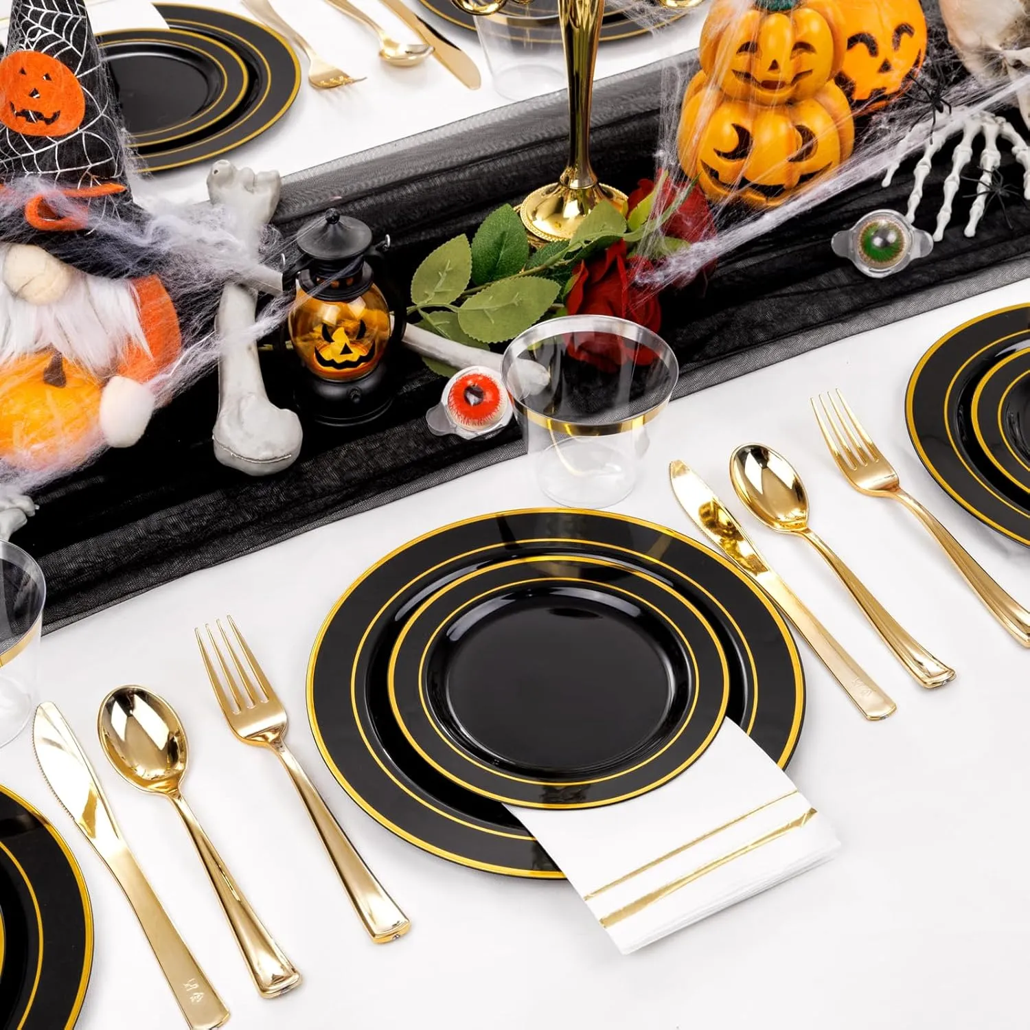 GATHER 350PCS Black Plastic Plates-Disposable Plastic Dinnerware Set Include 100PCS Black and Gold Plastic Plates, 150 Silverware, 50 Napkins, 50 Cups Perfect for Party & Wedding