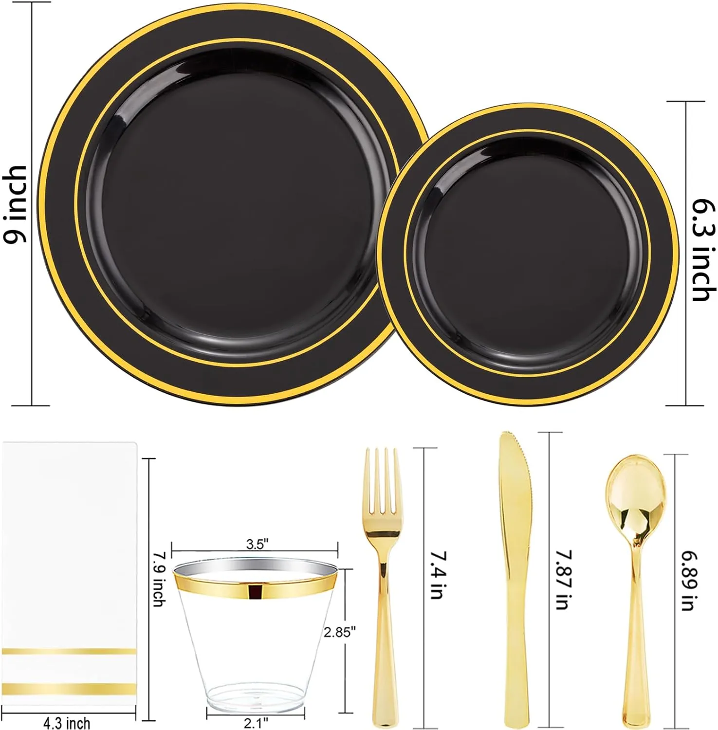 GATHER 350PCS Black Plastic Plates-Disposable Plastic Dinnerware Set Include 100PCS Black and Gold Plastic Plates, 150 Silverware, 50 Napkins, 50 Cups Perfect for Party & Wedding