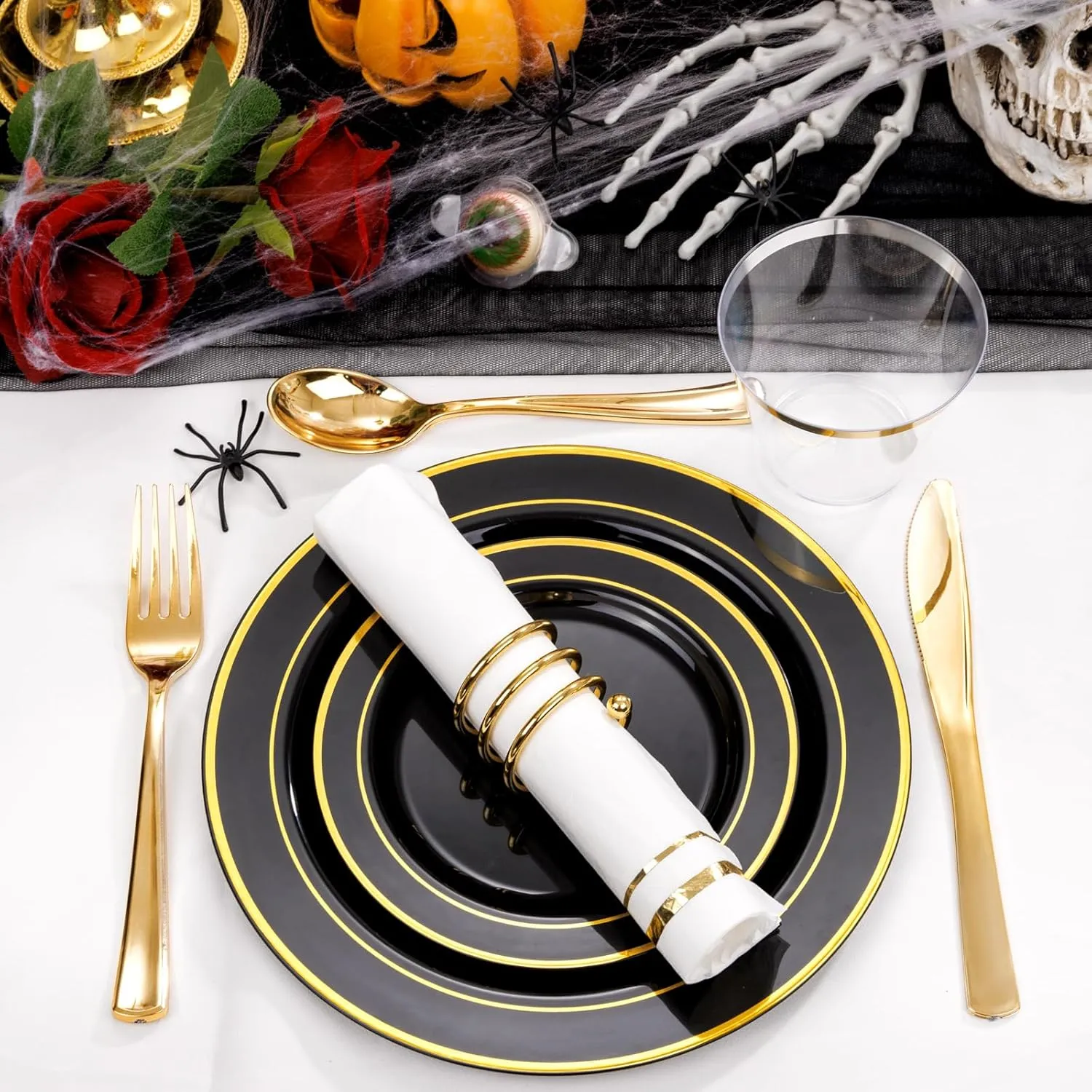 GATHER 350PCS Black Plastic Plates-Disposable Plastic Dinnerware Set Include 100PCS Black and Gold Plastic Plates, 150 Silverware, 50 Napkins, 50 Cups Perfect for Party & Wedding