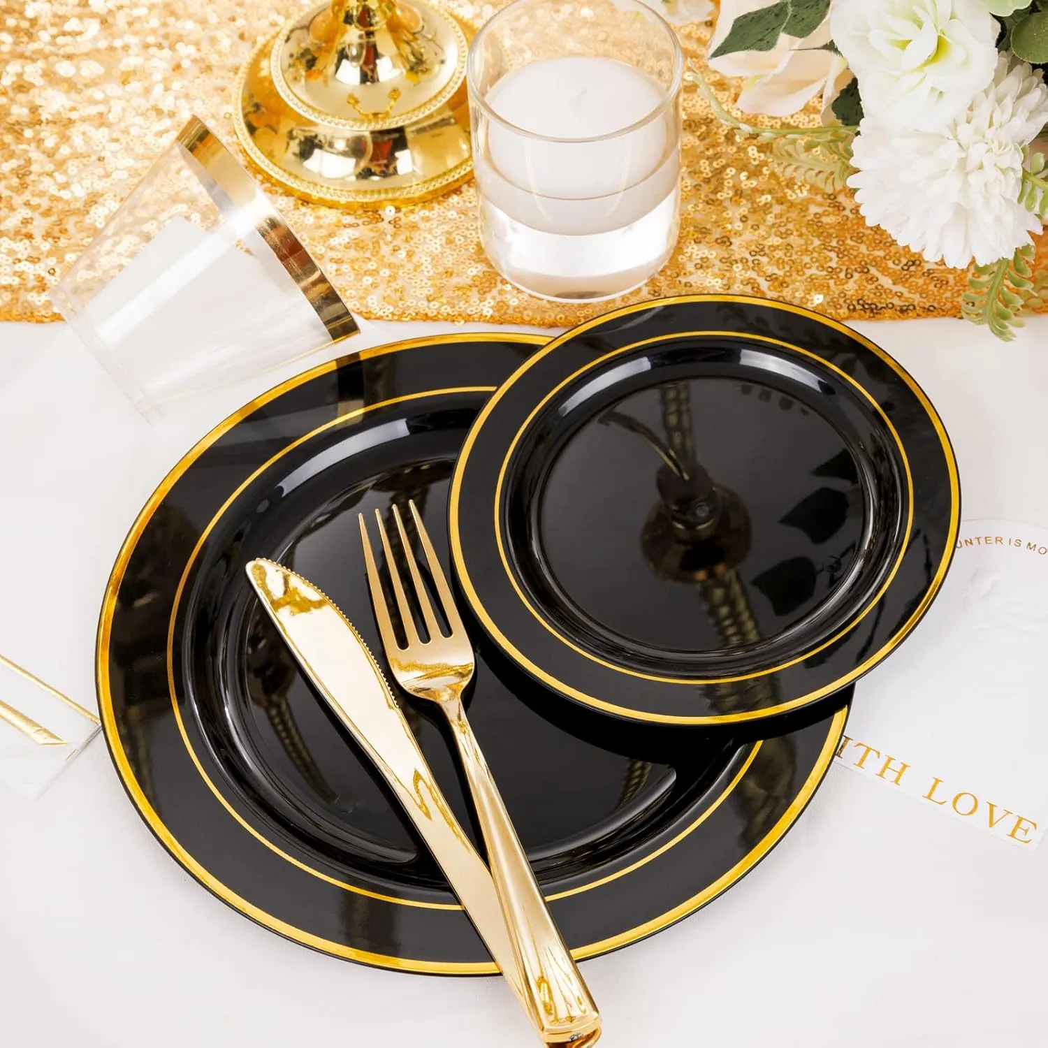 GATHER 350PCS Black Plastic Plates-Disposable Plastic Dinnerware Set Include 100PCS Black and Gold Plastic Plates, 150 Silverware, 50 Napkins, 50 Cups Perfect for Party & Wedding