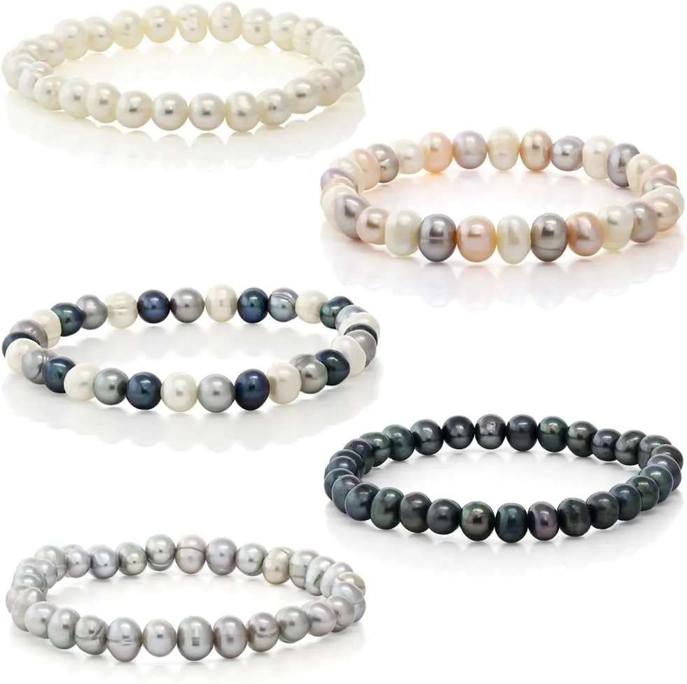 Gem Stone King Set Of 5 Multicolor Cultured Freshwater Pearl Stretch Bracelets 7.5 Inch