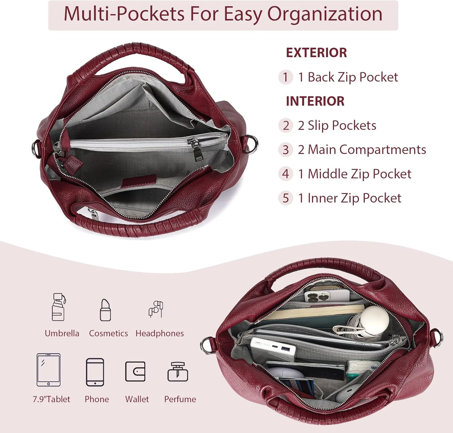 Genuine Leather Hobo Tote Bag Purses for Women
