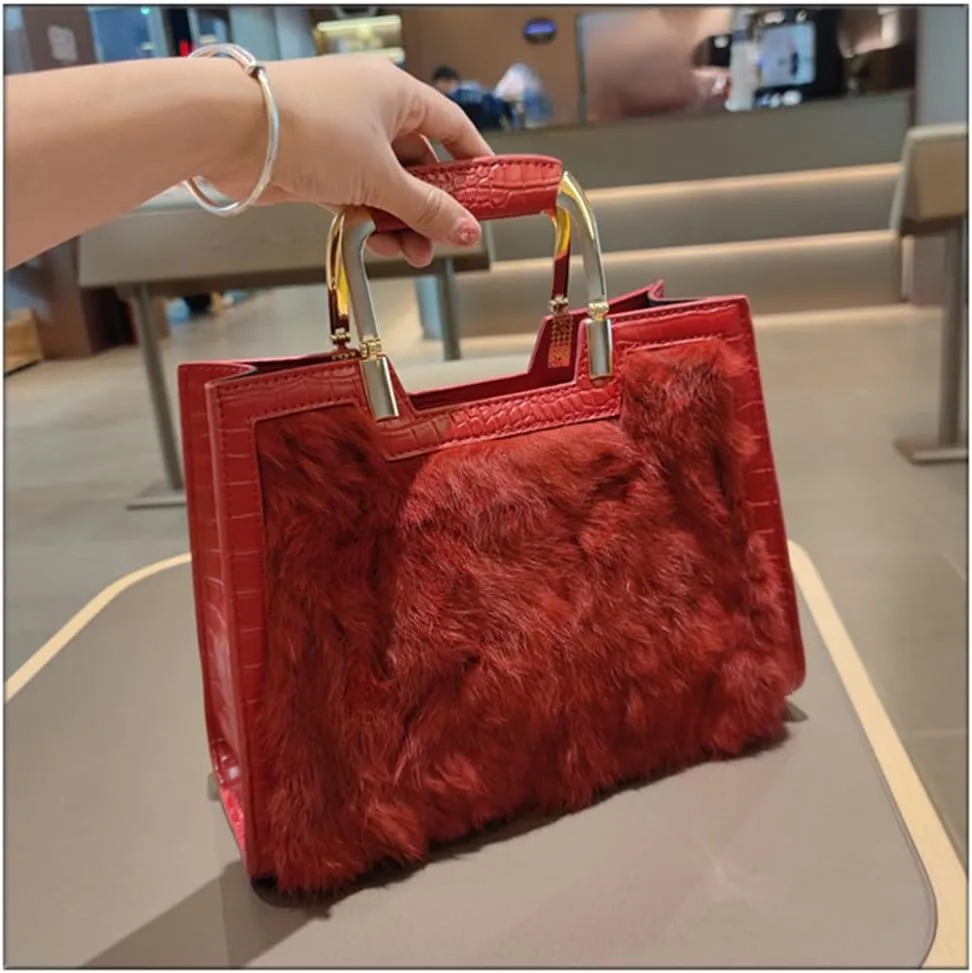 Genuine Leather Women's Top Handle Satchel Crossbody Handbags Fur Shoulder Purses Large Capacity Portable Tote Bags