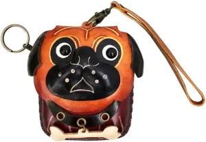Genuine Leather Zippered Coin Purse Come in Gift Box Handcrafted Change Pouch Purse Wrist Clutch with Key ring for Women Girls Men (Dog-Pug)