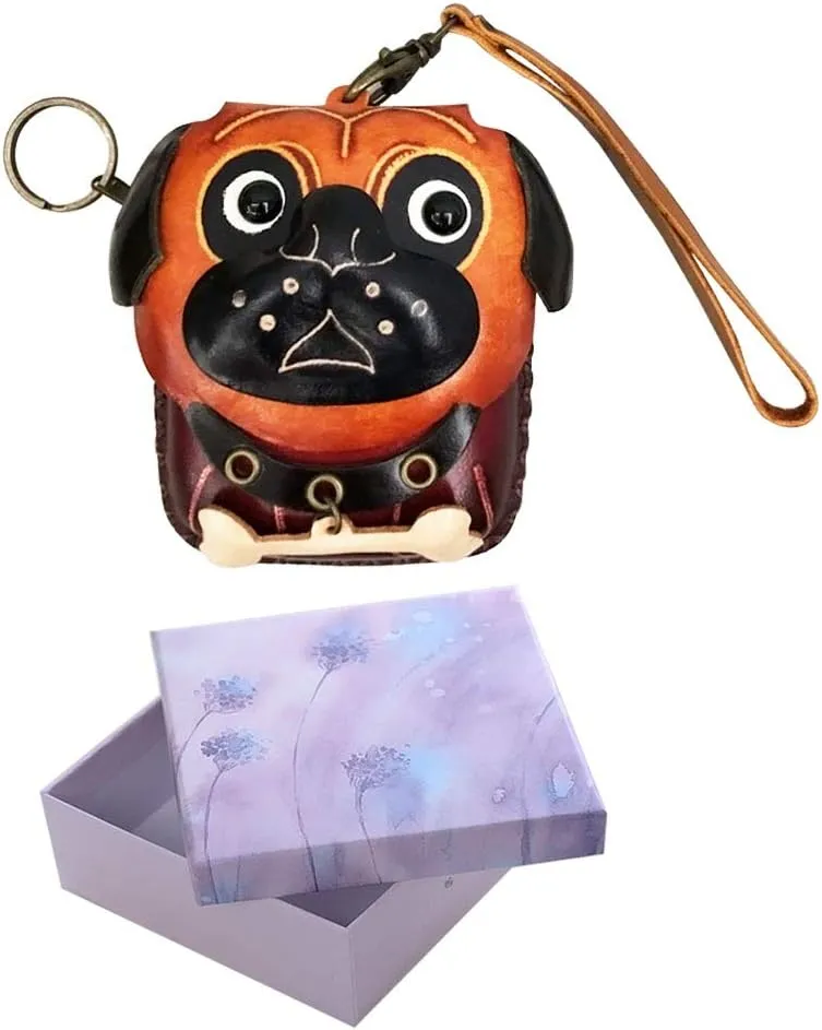Genuine Leather Zippered Coin Purse Come in Gift Box Handcrafted Change Pouch Purse Wrist Clutch with Key ring for Women Girls Men (Dog-Pug)