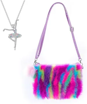 Girls Fluffy Crossbody Purse Plush Rainbow Shoulder Bag Kids Crossbody Bag Handbag