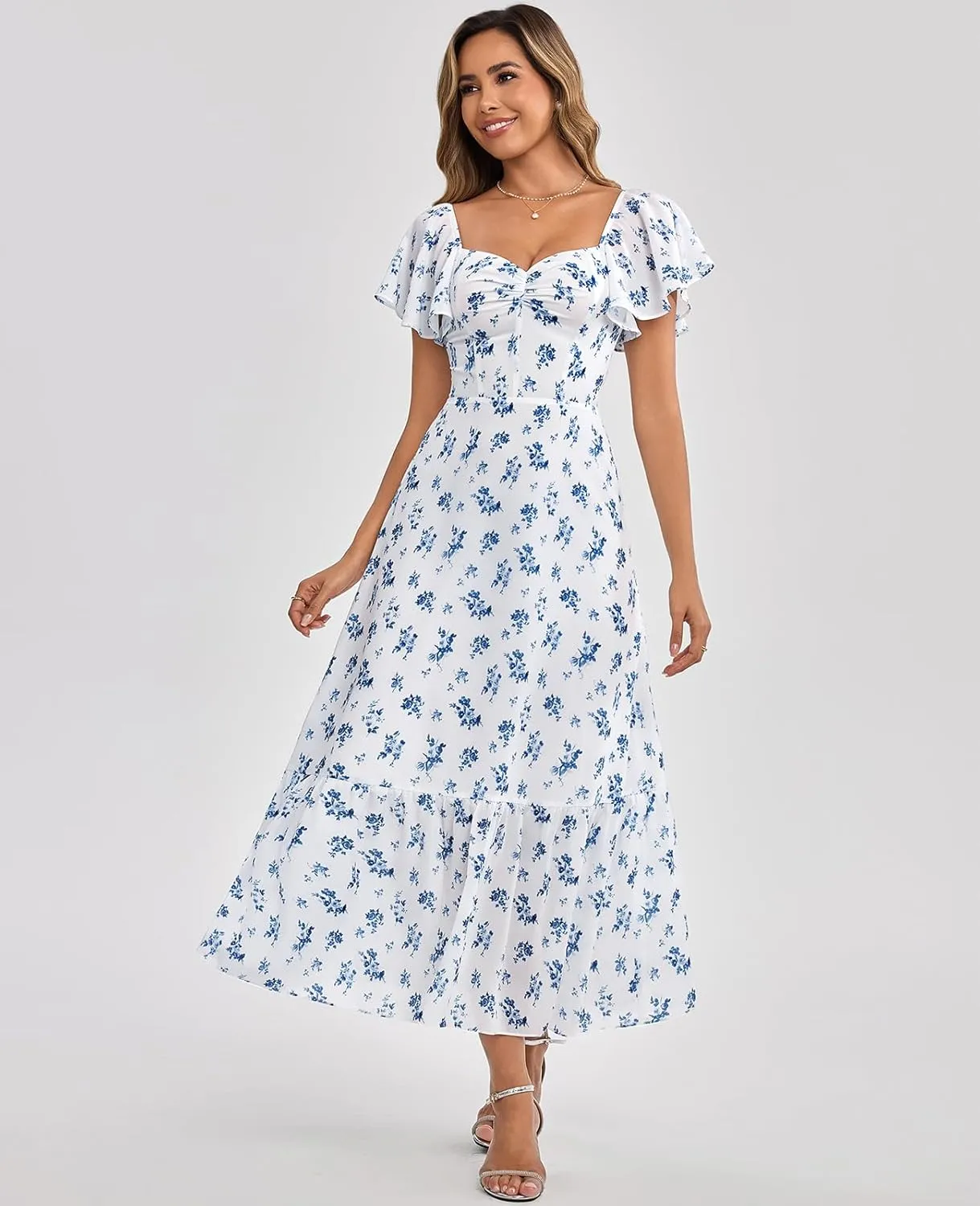 GLNEGE Women's 2025 Summer Midi Floral Boho Dresses Casual Flowy Beach Short Sleeve Dress Ruffle Hem Smocked Sundresses