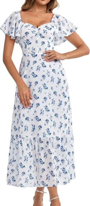 GLNEGE Women's 2025 Summer Midi Floral Boho Dresses Casual Flowy Beach Short Sleeve Dress Ruffle Hem Smocked Sundresses