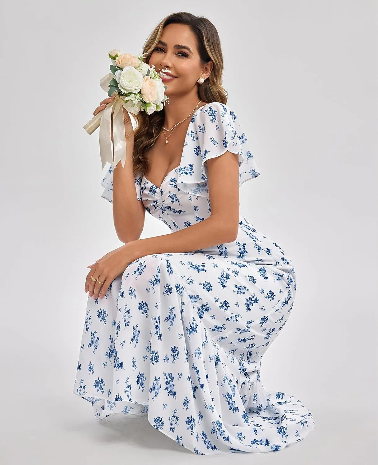 GLNEGE Women's 2025 Summer Midi Floral Boho Dresses Casual Flowy Beach Short Sleeve Dress Ruffle Hem Smocked Sundresses