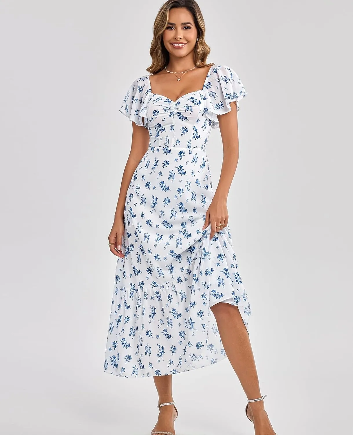 GLNEGE Women's 2025 Summer Midi Floral Boho Dresses Casual Flowy Beach Short Sleeve Dress Ruffle Hem Smocked Sundresses