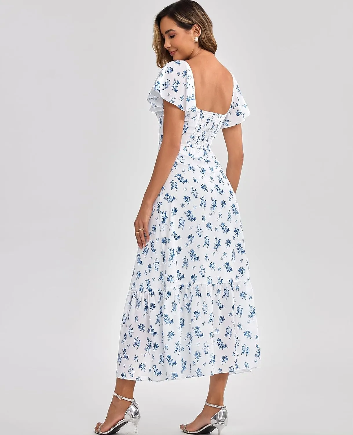GLNEGE Women's 2025 Summer Midi Floral Boho Dresses Casual Flowy Beach Short Sleeve Dress Ruffle Hem Smocked Sundresses