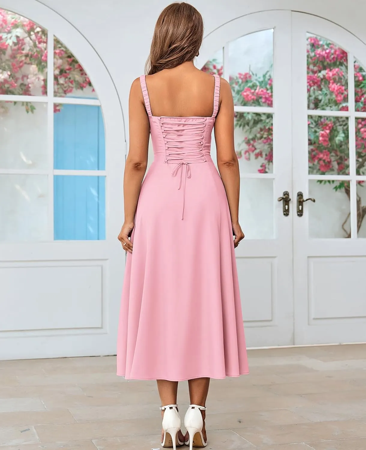 GLNEGE Women's Summer Corset Midi Dress Casual Lace Up Flowy Milkmaid Dresses A-Line Boho Sundress
