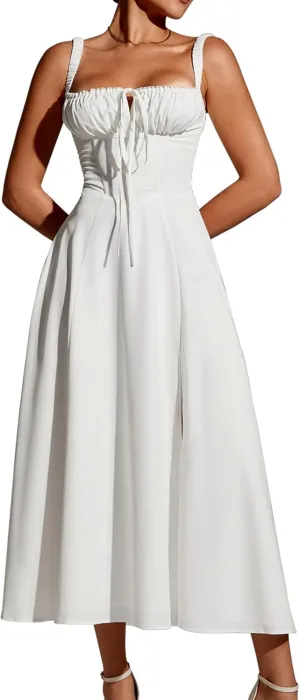 GLNEGE Women's Summer Corset Midi Dress Casual Lace Up Flowy Milkmaid Dresses A-Line Boho Sundress