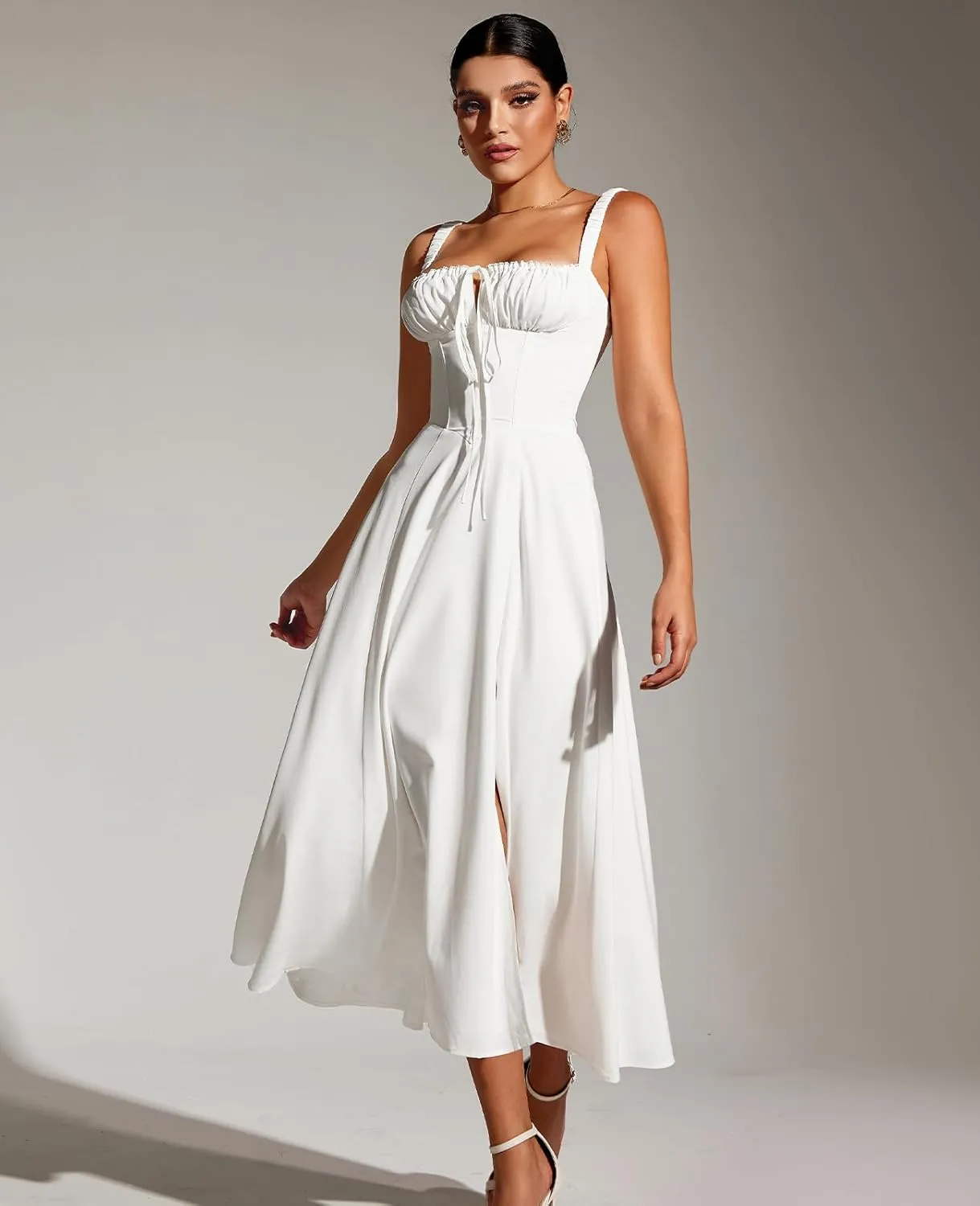 GLNEGE Women's Summer Corset Midi Dress Casual Lace Up Flowy Milkmaid Dresses A-Line Boho Sundress