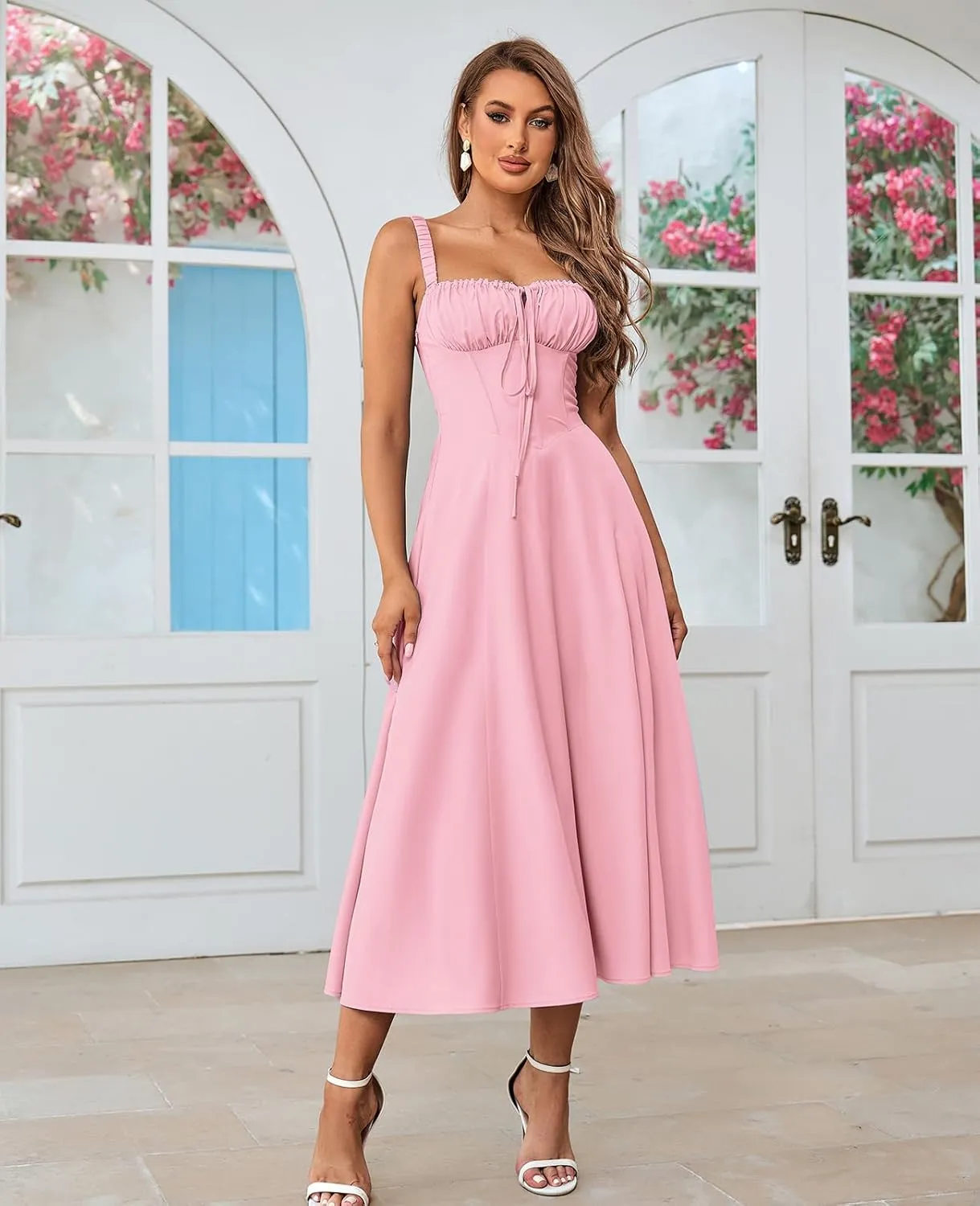 GLNEGE Women's Summer Corset Midi Dress Casual Lace Up Flowy Milkmaid Dresses A-Line Boho Sundress