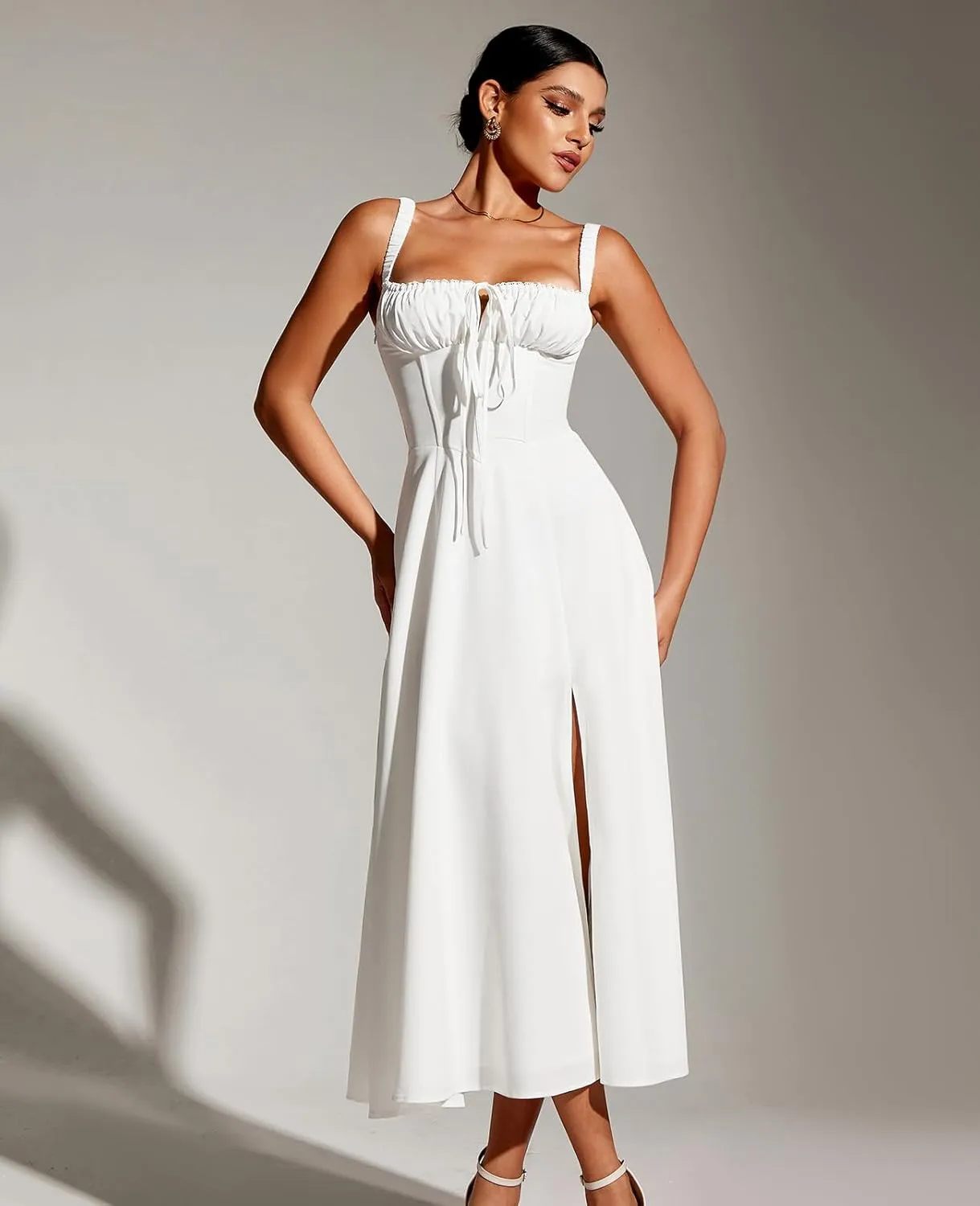 GLNEGE Women's Summer Corset Midi Dress Casual Lace Up Flowy Milkmaid Dresses A-Line Boho Sundress