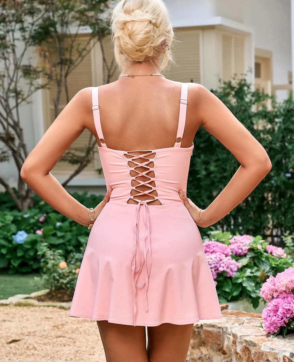 GLNEGE Women's Summer Corset Mini Graduation Dress Lace Up Backless A-line Flowy Sundress Going Out Trendy Party Dresses